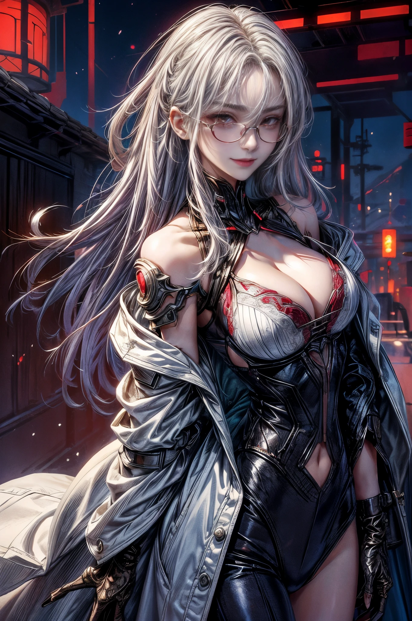 Cinema Lighting、highest quality,Cyberpunk World、1 female、(27 year old beautiful woman、Beautifully detailed facial features and hair、Shoulder-length hair)(smile:1.4)(Beautiful crimson eyes)break(Dark design glasses:1.5),Medium Hair、(Silver Hair、Shiny Hair:1.5)break(Shapely large breasts、Cleavage:1.4)(Stylish and sexy modern innerwear、White Cybercoat:1.2)Silver hair color、break(眩しいmorning陽、morning:1.3)(Entrance to an enemy facility in the forest、Forest around:1.5)
