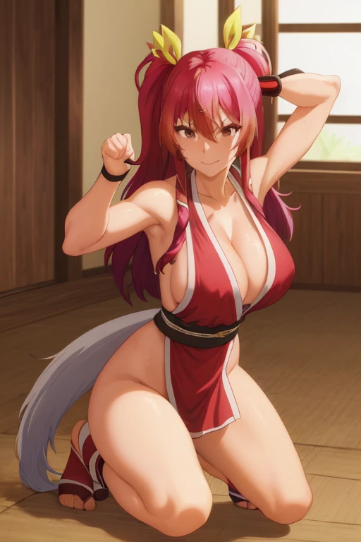 masterpiece, best quality, beautiful art, high resolution, well formed hands, body and fingers, 1 woman, solo, Stella Vermillion, grown up , adult, hair ribbon,big breasted, cleavage, full body, long hair, hair ornament gorgeous legs and thighs, cosplaying as Mai Shiranui , she is fighting in a combat match at a martial arts tournament, she is getting ready to fight, making her guard pose, action and fighting scene, about to hit the viewer, looking at the viewer, sweating , feeling confident and proud, smiling joyfully and happily, charming her opponent with her beauty, bouncing breasts, fighting scene, martial arts tournament on the beach