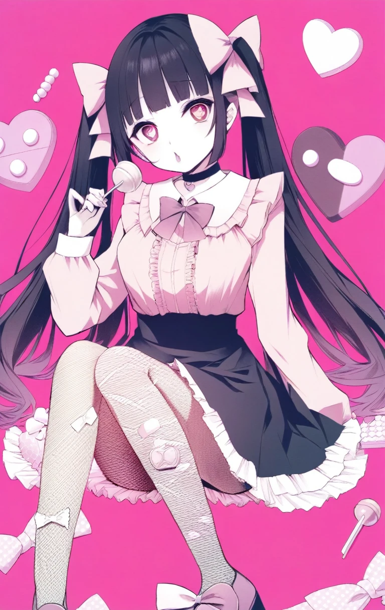 masterpiece, best quality, (jirai_kei),1girl, solo, long_hair, looking_at_viewer, shirt, black_hair, long_sleeves, bow, ribbon, twintails, sitting, monochrome, hair_bow, heart, pantyhose, frills, food, shoes, choker, blunt_bangs, black_skirt, pink_eyes, stuffed_toy, pink_background, stuffed_animal, frilled_skirt, pink_bow, (fishnets), candy, bandaid, pink_shirt, teddy_bear, lollipop, (fishnet_pantyhose), platform_footwear, pink_theme, pill, heart-shaped pupils,