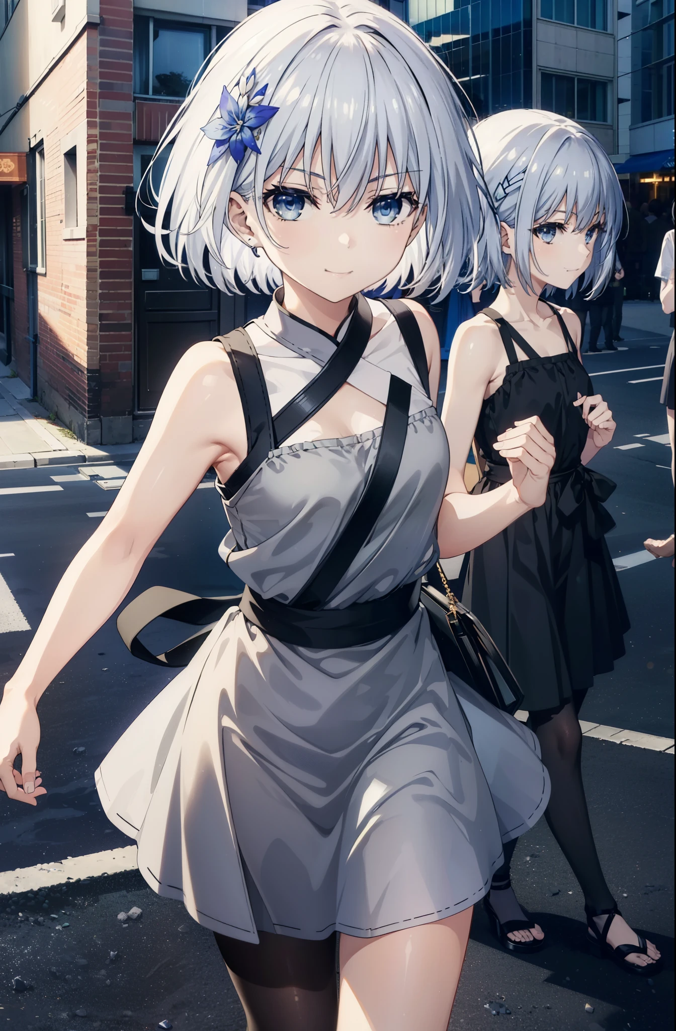 origamitobiichi, Origami Tobiichi Casual, short hair, blue eyes, hair ornaments, Gray Hair, Sleeveless dress,Long skirt,Black pantyhose,Heeled Sandals,happy smile, smile, Open your mouth,True Summer,Daytime,So that the whole body goes into the illustration,
break ,
break outdoors, In town,Building district, crowd, people々,
break looking at viewer, 全身
break (masterpiece:1.2), highest quality, High resolution, unity 8k wallpaper, (figure:0.8), (Beautiful fine details:1.6), Highly detailed face, Perfect lighting, Highly detailed CG, (Perfect hands, Perfect Anatomy),