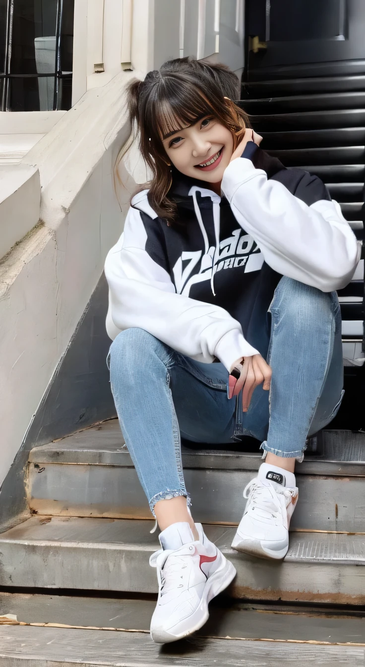 highest quality, Realistic, Very detailed, Finer details, High resolution, 8k wallpaper, One beautiful woman,Sit on the stairs、smile、 Oversized hoodie, Skinny jeans,( Black sneakers)、Black Hair、 Beautiful Bangs、ear piercing、Perfect dynamic composition, Beautiful and detailed, Full Body Shot, A big smile waiting to start
