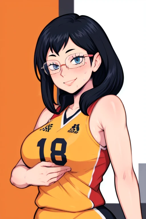 masterpiece, best quality, shimizu kiyoko looking at viewer, black hair, blue eyes color, large breasts, upper body, portrait, looking at viewer, seductive smile,both hands raised, armpits, armpits visible, sweaty armpits, wearing orange volleyball uniform, wearing glasses