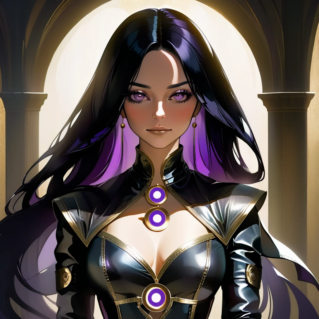 A jovial, muscular adult woman, wearing black leather clothing with purple circles on the outfit. She has long black hair styled. Her gaze is somber, with an air of mystery. She is enveloped in shadows as if she were lurking a pray. Medieval style. She is in a dinamic pose, with dark shadows all around.