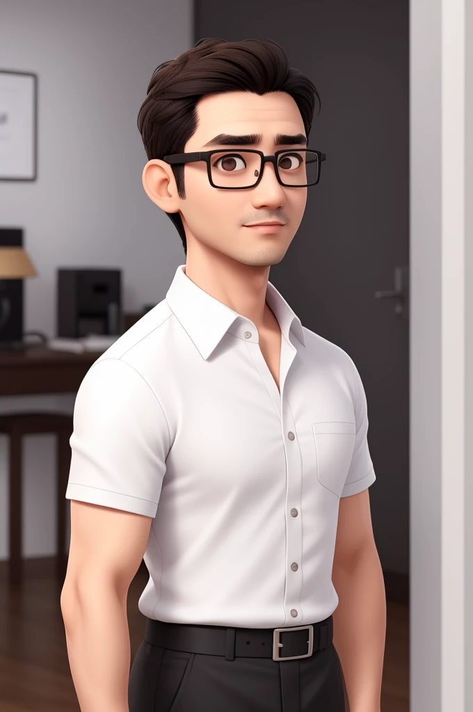 A man of 39 years old, with short black hair, white shirt, square face, strict look, and dark brown eyes, wearing Baju Melayu and glasses.