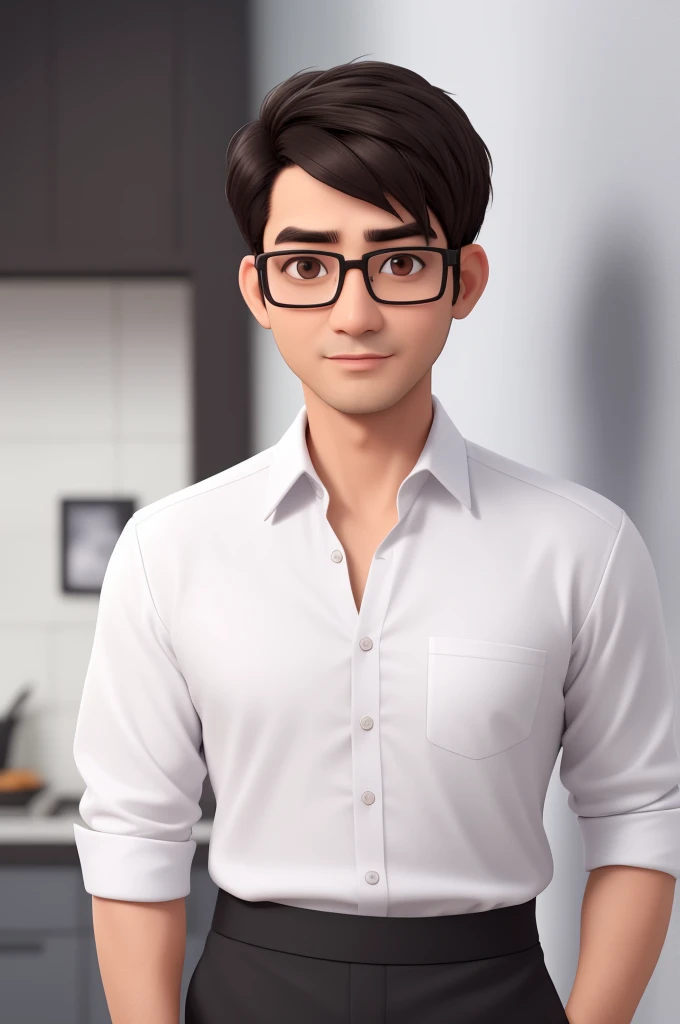A man of 39 years old, with short black hair, white shirt, square face, strict look, and dark brown eyes, wearing Baju Melayu and glasses.