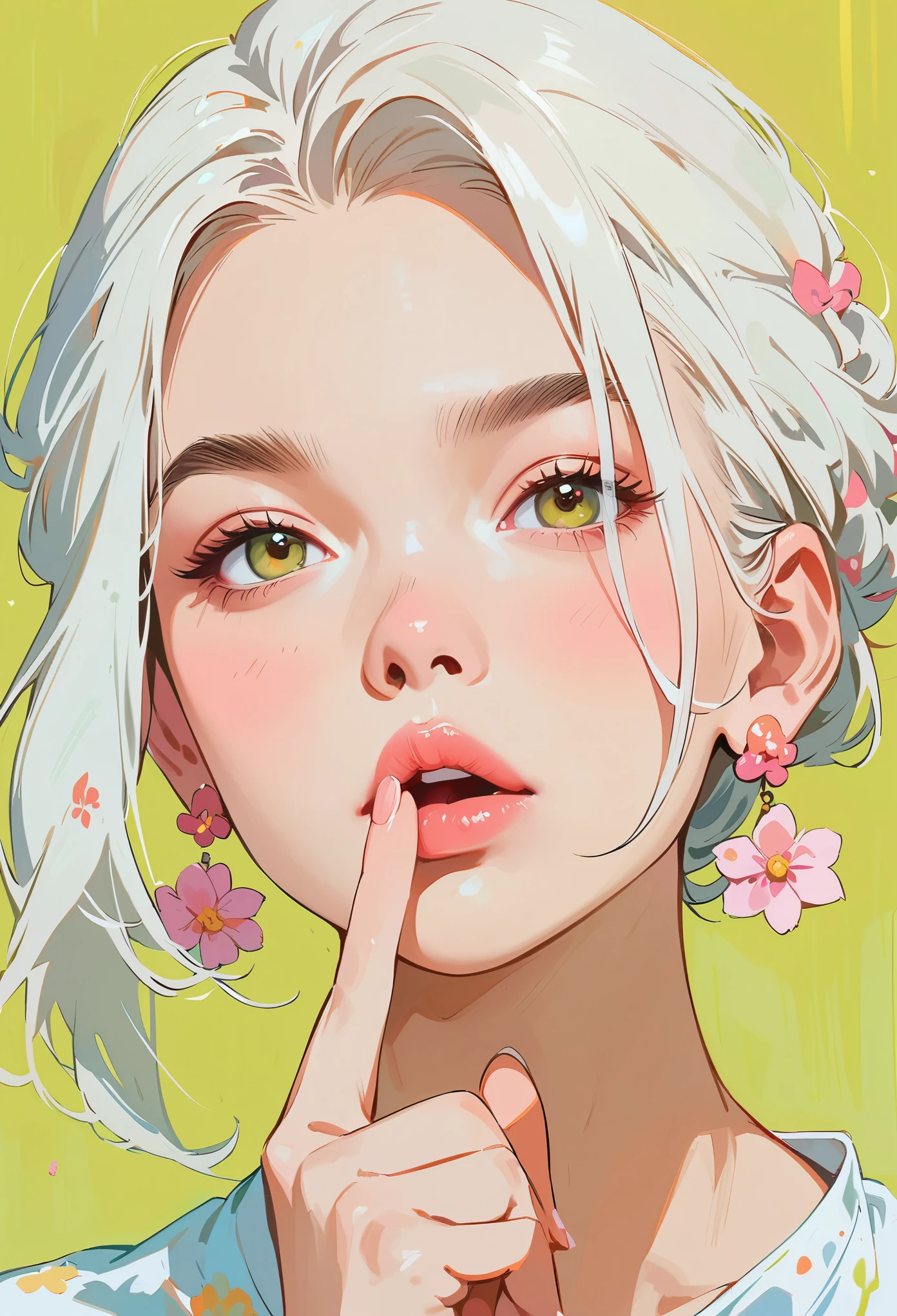 (masterpiece, best quality:1.2), 1 girl, Solitary，anime style，White hair, Girl with pink lips and light floral earrings puts finger on mouth，With the style of a top portrait painter, Yellow-green background.