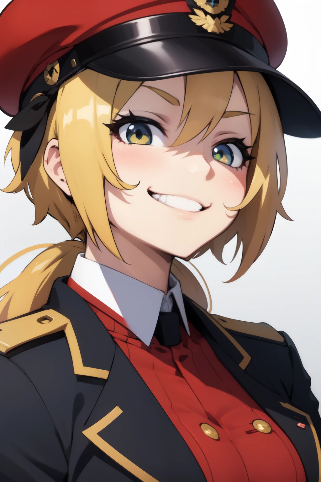smug face anime girl, sharp eyes, military uniform
