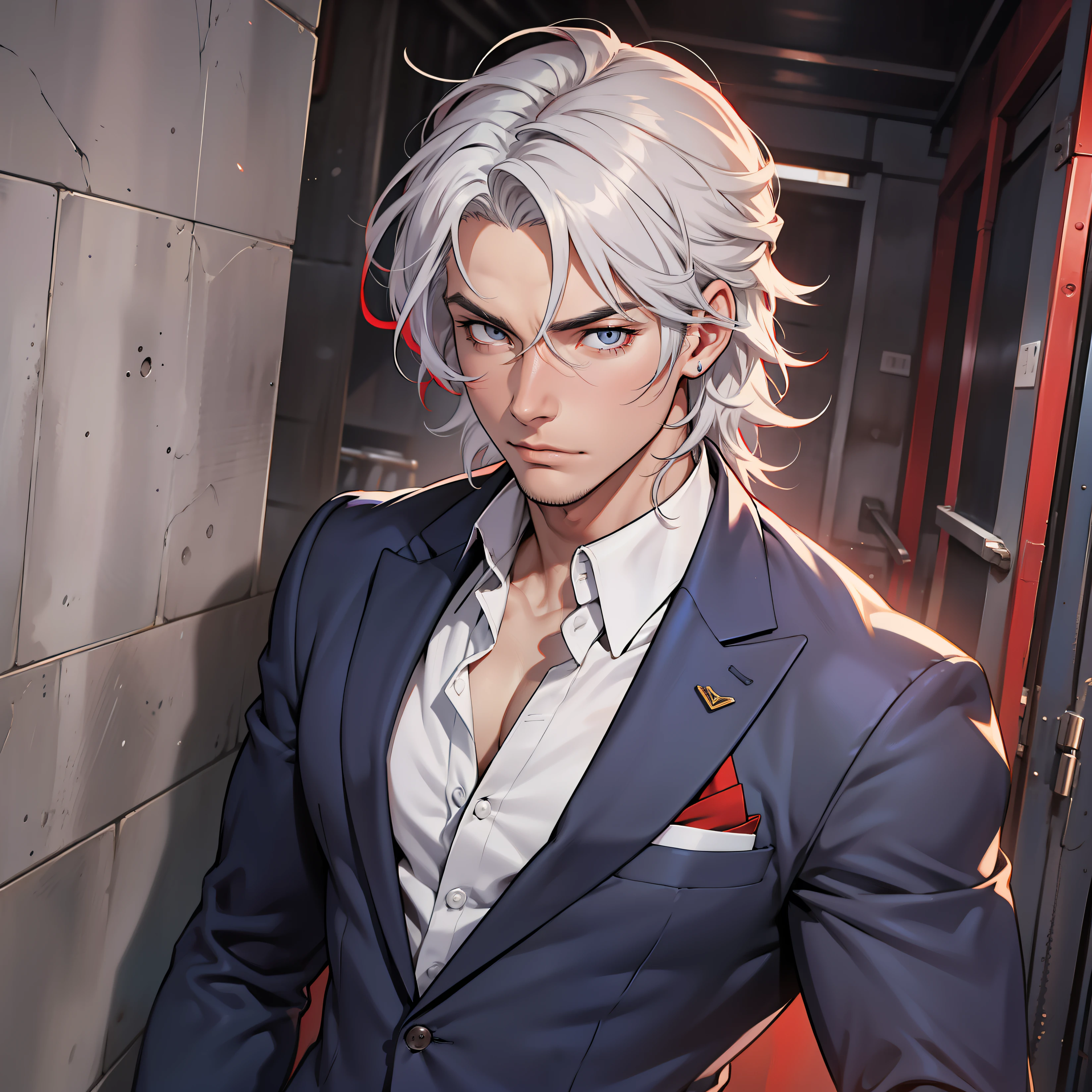 Jesse is tall He has white hair with red tips, and sharp grey eyes, they're so beautiful to look at. His hair is a bit wavy and he has a beautifully toned body. Muscular male. Jesse is seen wearing a navy blue suit. Red hair stripes