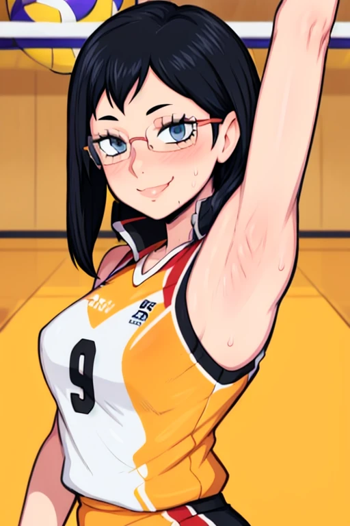 masterpiece, best quality, shimizu kiyoko looking at viewer, black hair, blue eyes color, small breasts, upper body, portrait, looking at viewer, seductive smile,both hands raised, armpits, armpits visible, sweaty armpits, wearing orange volleyball uniform, wearing glasses