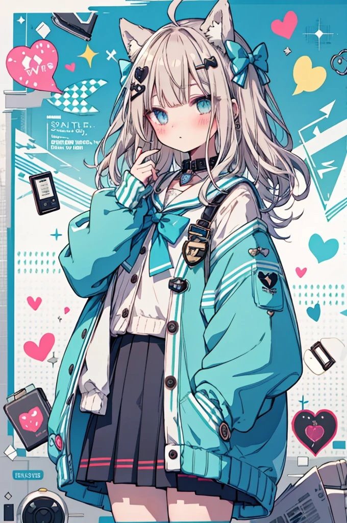 1 Girl,Nervous man,indie Virtual YouTuber,Sadex,score: General,:3,^_^,bandage,blue eyes,blue Sailor collar,blue skirt,blush,boundary,bow,bowtie,cable,Cardigan,Character Name,Close your eyes,cursor,Diffraction spike,electric plug,eyelash,floating,floating hair,gear,green bow,green bowtie,Hair accessories,Halftone,hand cursor,Heart,Heart Hair accessories,Heart print,Hourglass,Light brown hair,Long hair,Looking at the audience,look up,magnifier,microphone,Pixel Art,pixel Heart,plug,plus,Sailor collar,,Setofuku,skirt,Solitary,Star (Symbolism),Star print,Virtual YouTuber,white boundary,window (calculated),yellow Cardigan,up to date,absurd,high resolution,Normal quality,