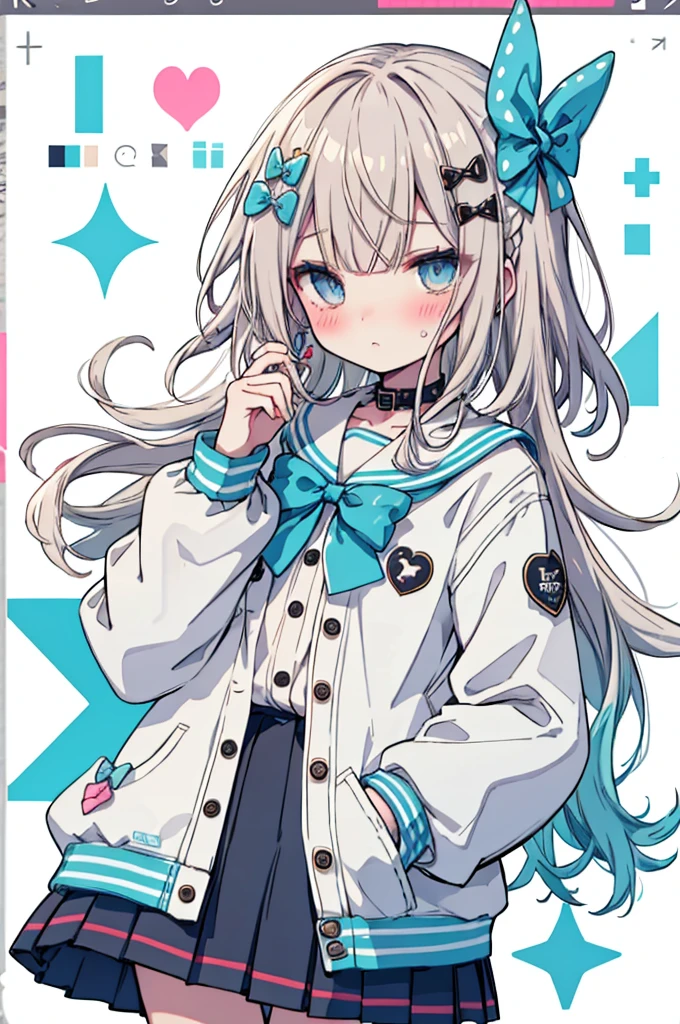 1 Girl,Nervous man,indie Virtual YouTuber,Sadex,score: General,:3,^_^,bandage,blue eyes,blue Sailor collar,blue skirt,blush,boundary,bow,bowtie,cable,Cardigan,Character Name,Close your eyes,cursor,Diffraction spike,electric plug,eyelash,floating,floating hair,gear,green bow,green bowtie,Hair accessories,Halftone,hand cursor,Heart,Heart Hair accessories,Heart print,Hourglass,Light brown hair,Long hair,Looking at the audience,look up,magnifier,microphone,Pixel Art,pixel Heart,plug,plus,Sailor collar,,Setofuku,skirt,Solitary,Star (Symbolism),Star print,Virtual YouTuber,white boundary,window (calculated),yellow Cardigan,up to date,absurd,high resolution,Normal quality,