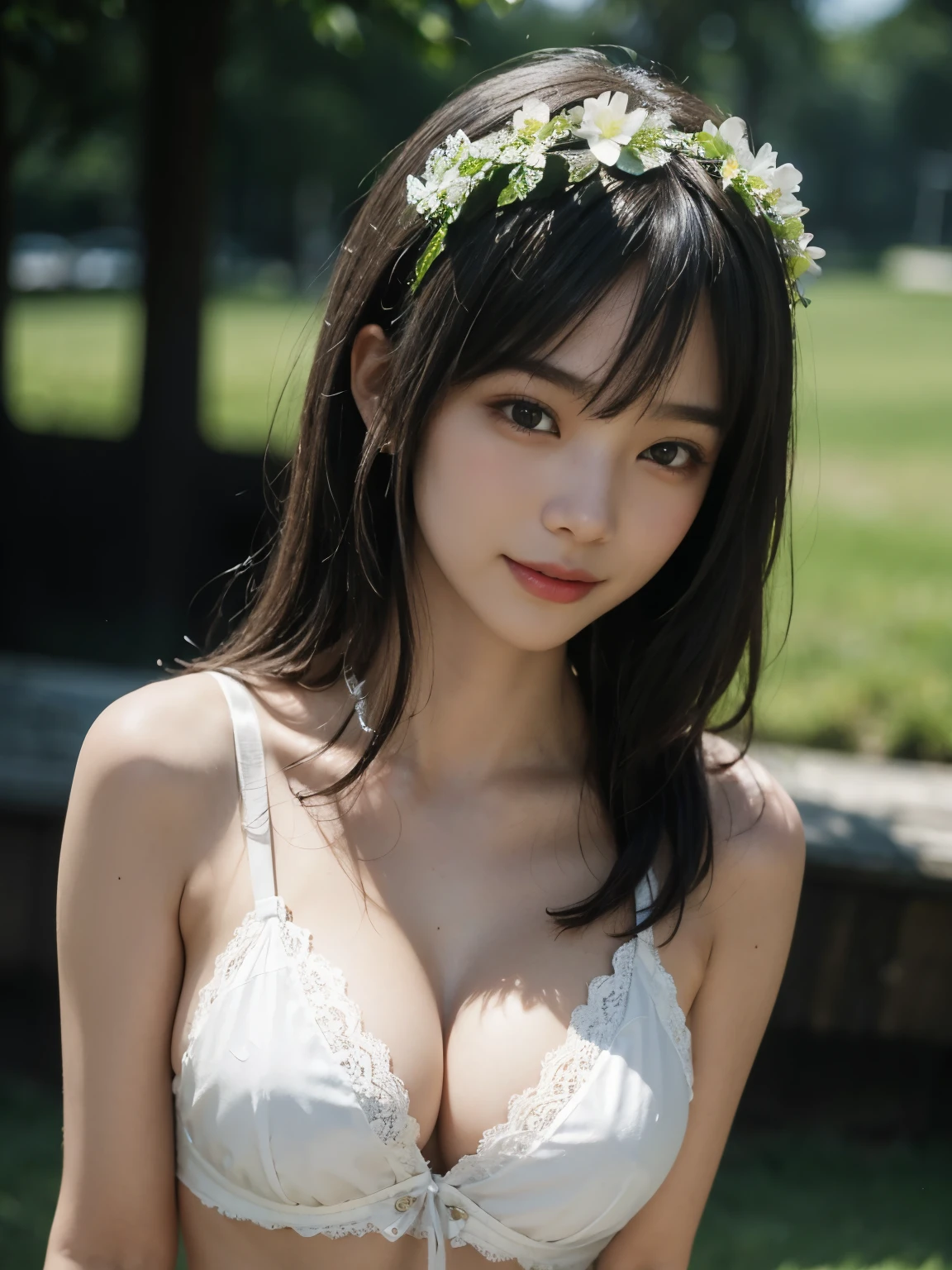 (Ultra-realistic), (Best illustrations), (Increase the resolution), (8k), (masterpiece), (wallpaper), alone, 1 girl, Looking at the audience, Black straight hair, In the Dark, Deep Shadow, Modest, Pure Erotic Face Ace_v1, Smile, whole body, A cool breeze blows through the meadow、Half-cup bra with white lace showing nipples.Low rise white lace bra、Modestバスト,Flower crown,重さを感じさせない軽やかな雰囲気のwhole body、(Shooting from a distance、1:1.5)