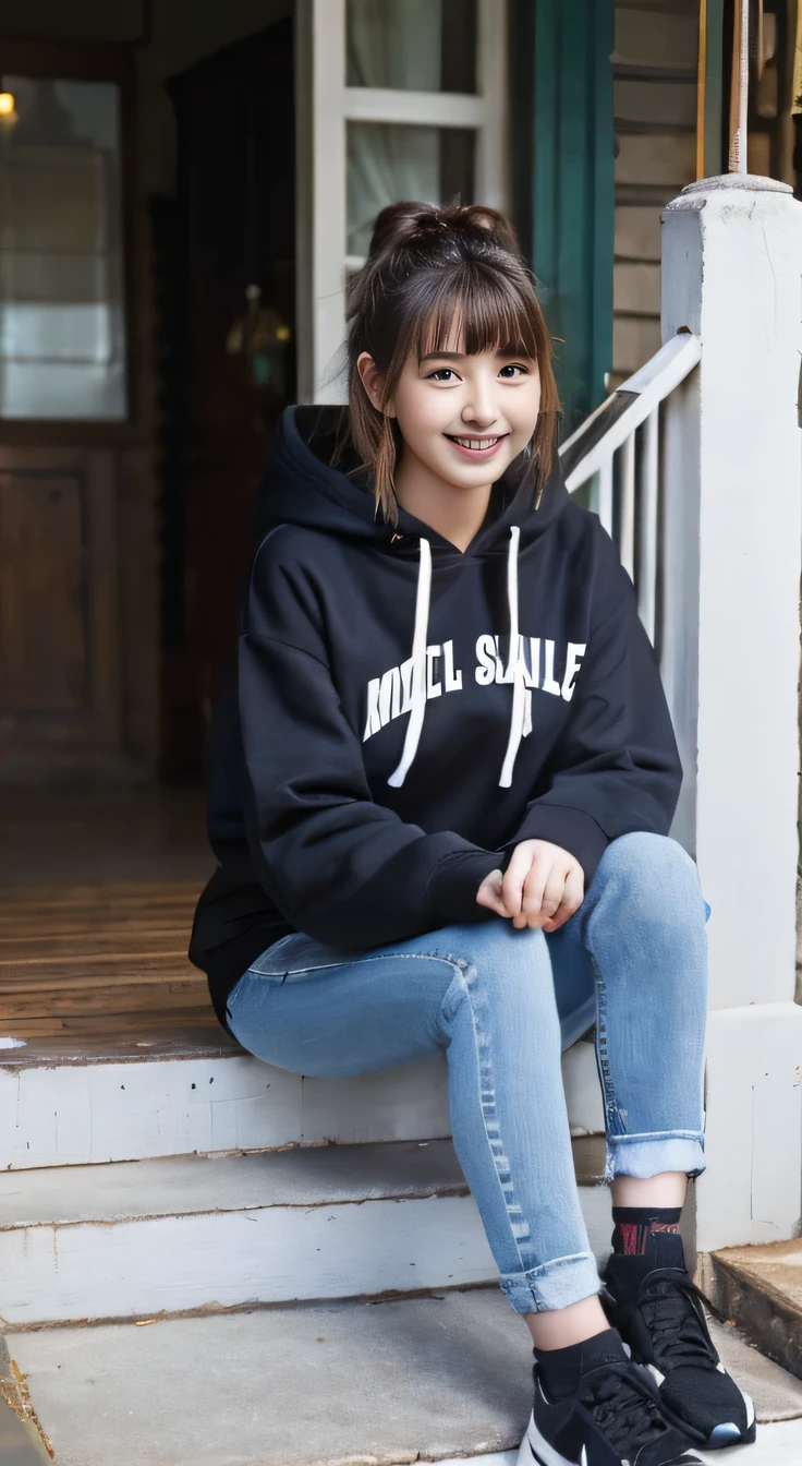 highest quality, Realistic, Very detailed, Finer details, High resolution, 8k wallpaper, One beautiful woman,Sit on the stairs、smile、(Black socks)、 Oversized hoodie, Skinny jeans,( Black sneakers)、Black Hair、 Beautiful Bangs、ear piercing、Perfect dynamic composition, Beautiful and detailed, Full Body Shot, A big smile waiting to start