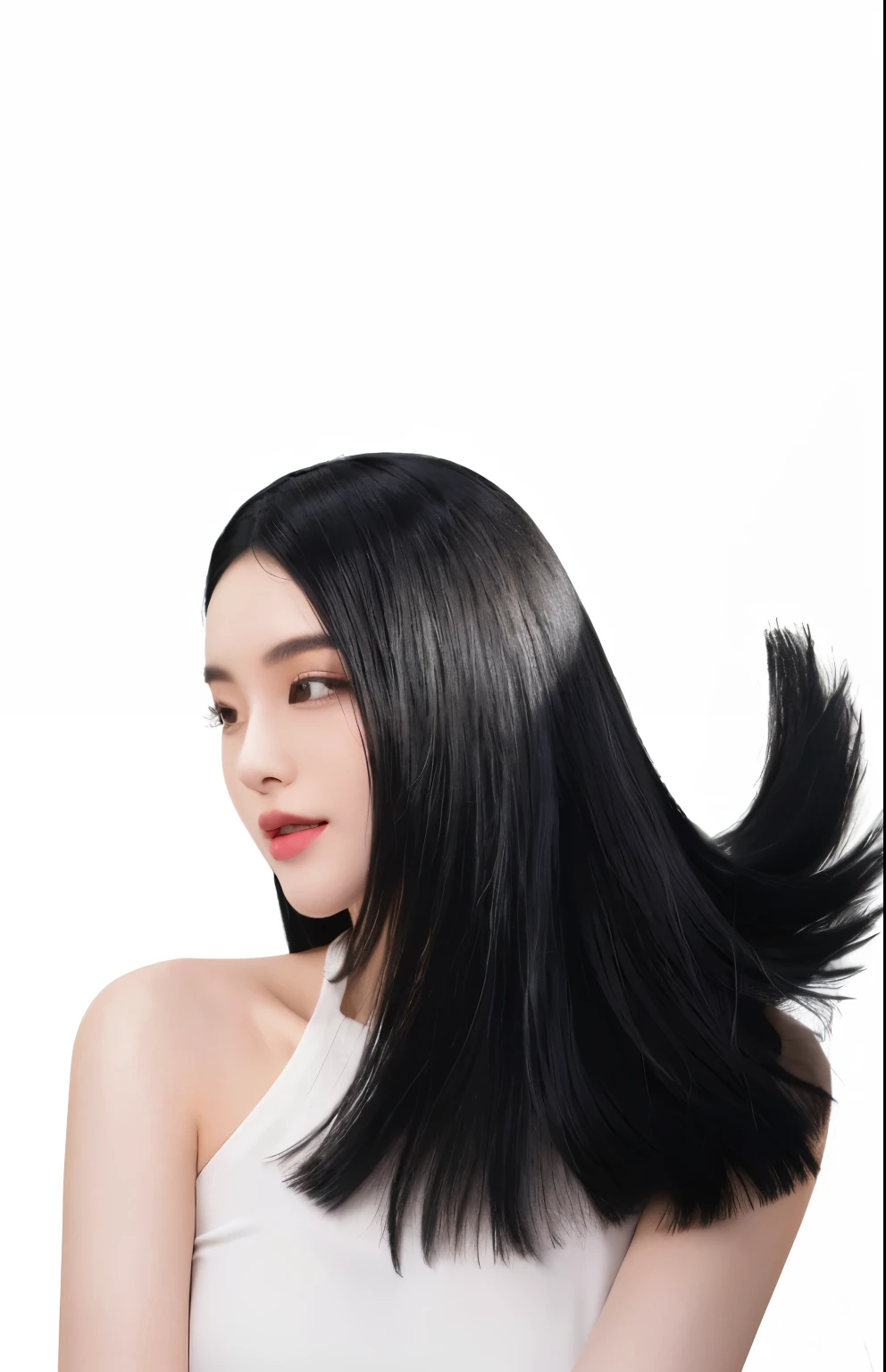 arafd woman，Posing with long black hair and white top, 无尽的Black Hair, 飘逸的Black Hair, Black silky hair, Long black and shiny hair, Simple and stylish shape, smooth hair, Fine and shiny hair, Silky texture, Women with long black hair, Super dark natural black hair, Black Hair, black dynamic hair, long 飘逸的Black Hair, With black straight hair