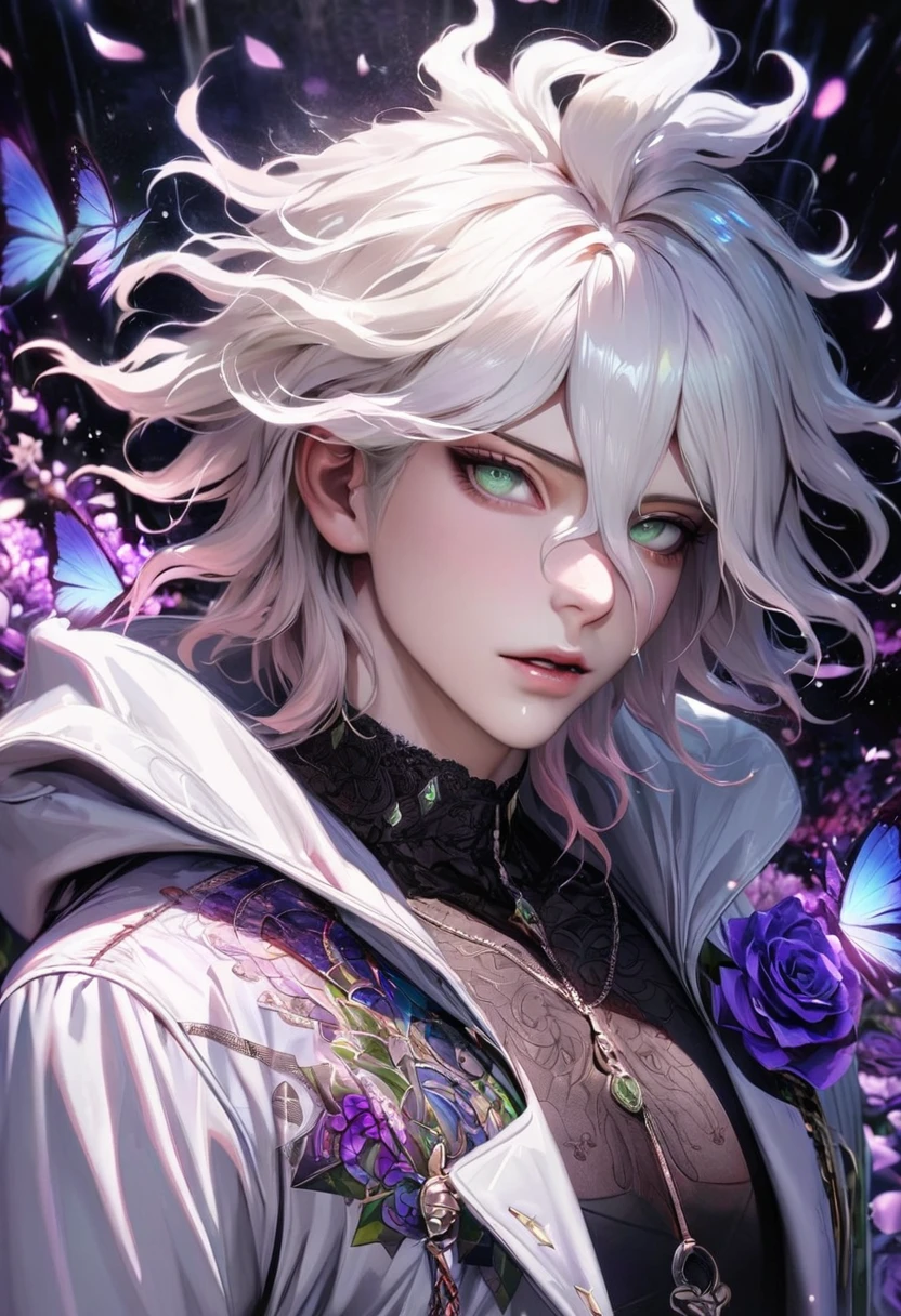 Ultra detailed, HDR, Highres, absurdres, master piece, Komaeda Nagito, white hair, expressive light green eyes, white long coat with patterns, Danganronpa, black tight shirt, purple glittering butterflies, purple ice, petals, purple ice roses, sexy man, solo, extremely detailed face and eyes, extremely handsome, glittering, water, realistic face,