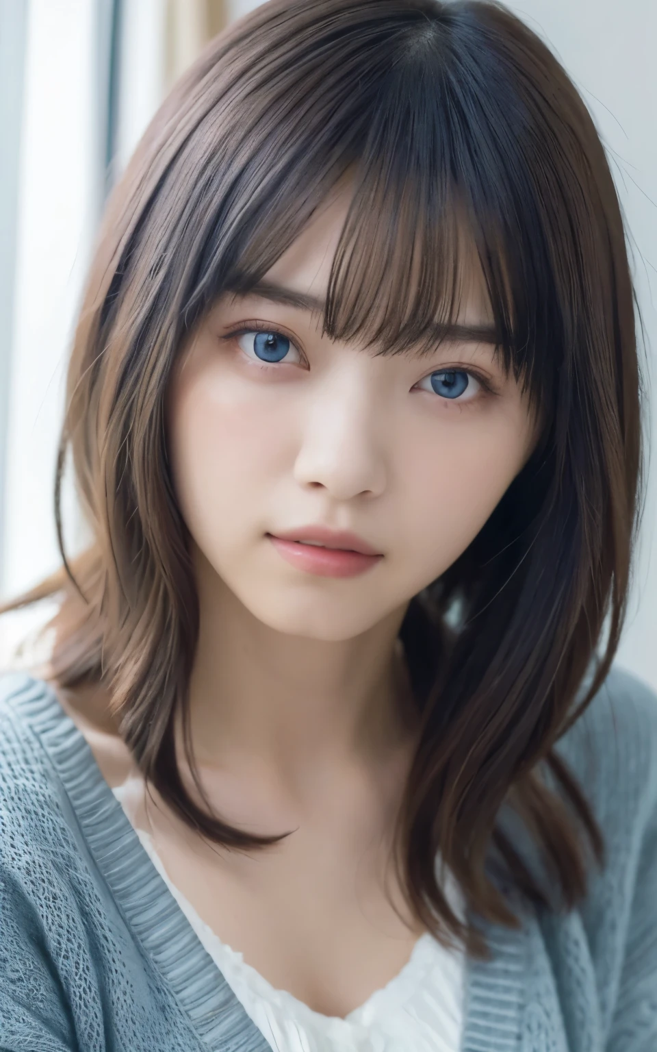 masterpiece, highest quality, 8k, 20th Generation, Large Breasts, cute, alone, sad, cute, Girlish, Delicate girl, Pure beauty,  RAW Photos, Professional photography, Portraiture, Soft Light, Professional Lighting, Backlight, Head to Knee, avert your eyes, Sophisticated, Film Grain, (Eyes and facial details:1.0), Short floating hair, Beautiful, flowing hair, bangs, (Loose cardigan(Dark blue))、(Large Breasts:1.0)、You can see a little cleavage、Micro Mini Skirt、Voluptuous thighs、Dolly Makeup、Odd Eye、The color of the eyes is different on each side、One red eye、The other has blue eyes