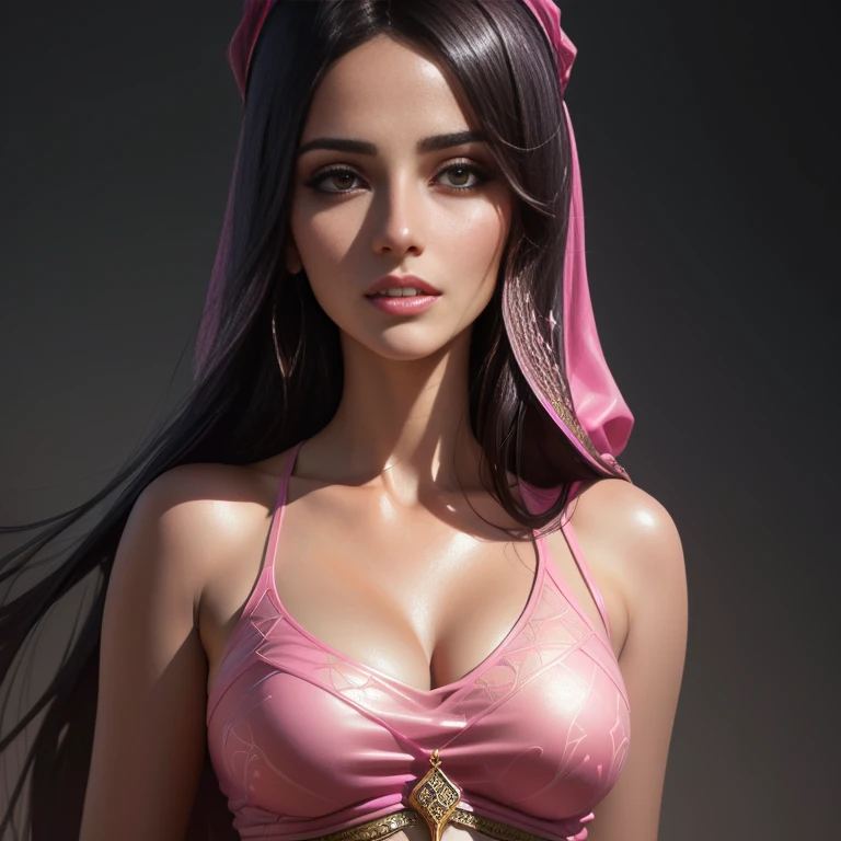 Arabic style portrait of a woman with pink top and black background, realistic Digital Painting, glossy Digital Painting, Smooth. Digital Painting, photorealistic Digital Painting, ultra realistic Digital Painting, Realistic Digital Art 4K, Realistic Digital Art 4K, realistic digital illustration, Highly realistic digital art, Low level of detail. Digital Painting, hyperrealistic Digital Painting
