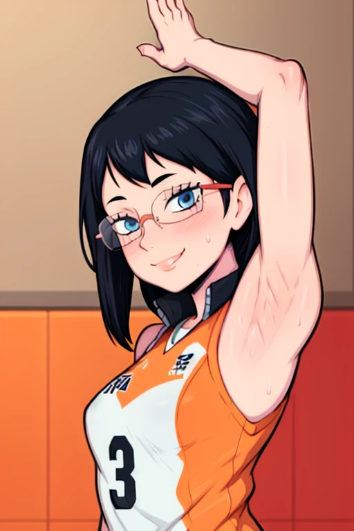 masterpiece, best quality, shimizu kiyoko looking at viewer, black hair, blue eyes color, small breasts, upper body, portrait, looking at viewer, seductive smile,both hands raised, armpits, armpits visible, sweaty armpits, wearing orange volleyball uniform, wearing glasses