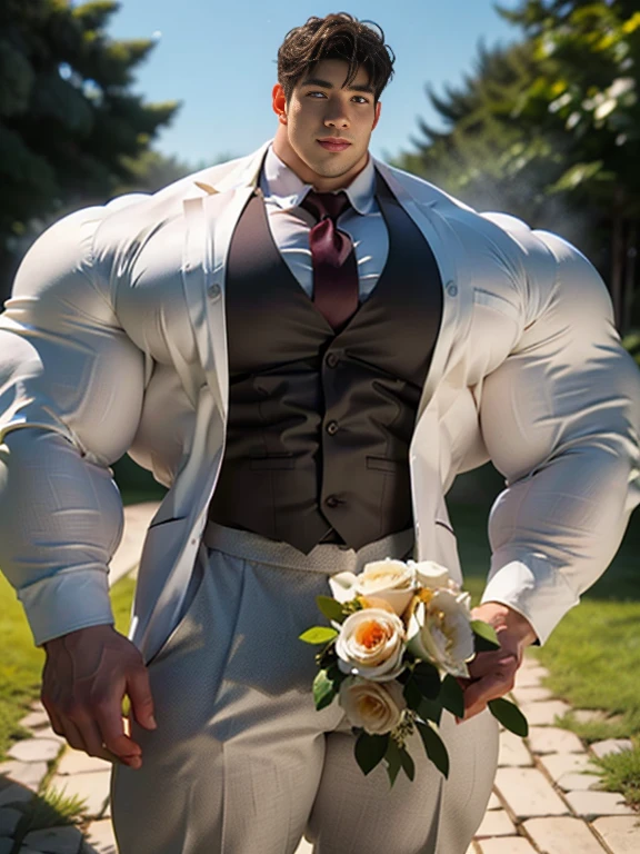 (best quality:1.5, hyperrealistic:1.5, photorealistic:1.4, madly detailed CG unity 8k wallpaper:1.5, masterpiece:1.3, enthusiastically detailed photo:1.2), (hyper-realistic lifelike texture:1.4), highly detailed, ((masterpiece, best quality)), retouched, extremely detailed 8K wallpaper, 1 korean male, (korean man with k-pop idol look), 20yo, handsome, hyper muscle, stubble, firm, wear groom suit and pants, big guy, photo real, illuminating light, brutalmass, giant muscular bodybuilder, bulk, massive body, large size, charming, wedding decorated field with white flowers, outdoor