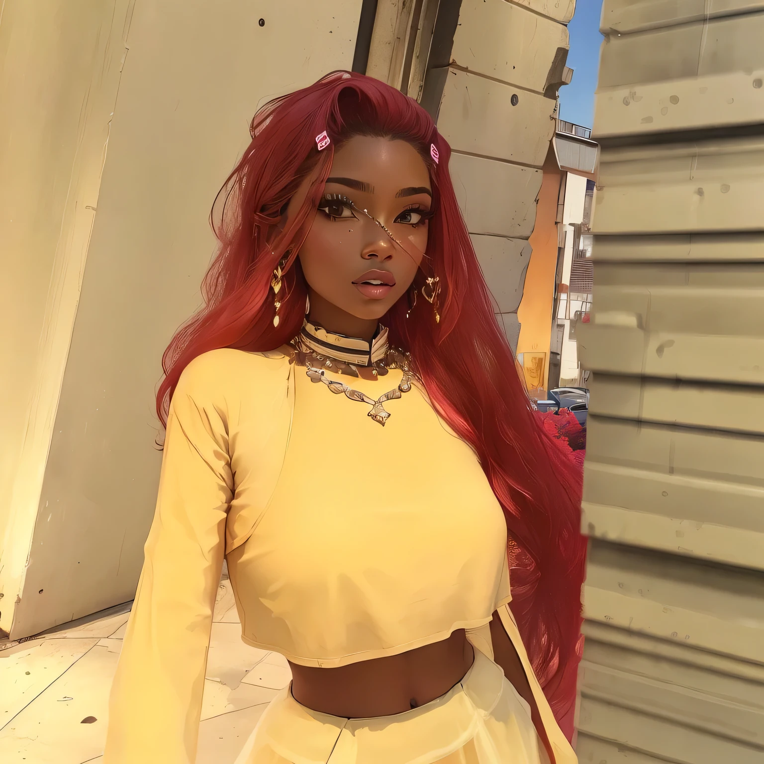 There's a woman with red hair and a yellow top, avatar da segunda vida, ( pele marrom ), she has olive pele marrom, ( ( pele escura ) ), ( ( pele marrom ) ), pele escura female goddess of love, light-pele marrom, epic 3d oshun, pele escuraned, pele escura, with pele marrom, ovelha, light pele marrom!
