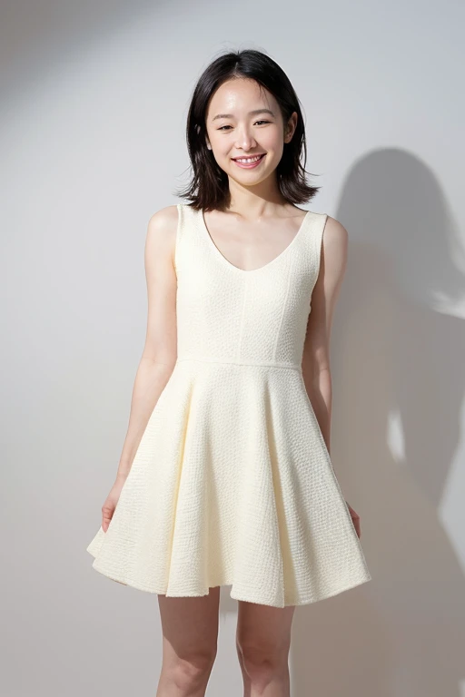 A beautiful and cute middle-aged Japanese woman, an inorganic Snow White background, natural skin, a cute smile with her mouth closed, very short short black hair, a visible forehead, a young-looking face, small build, short stature, Sleeveless dress, natural skin, standing tall, full body photo, serious and honor student atmosphere, correct posture, upper body