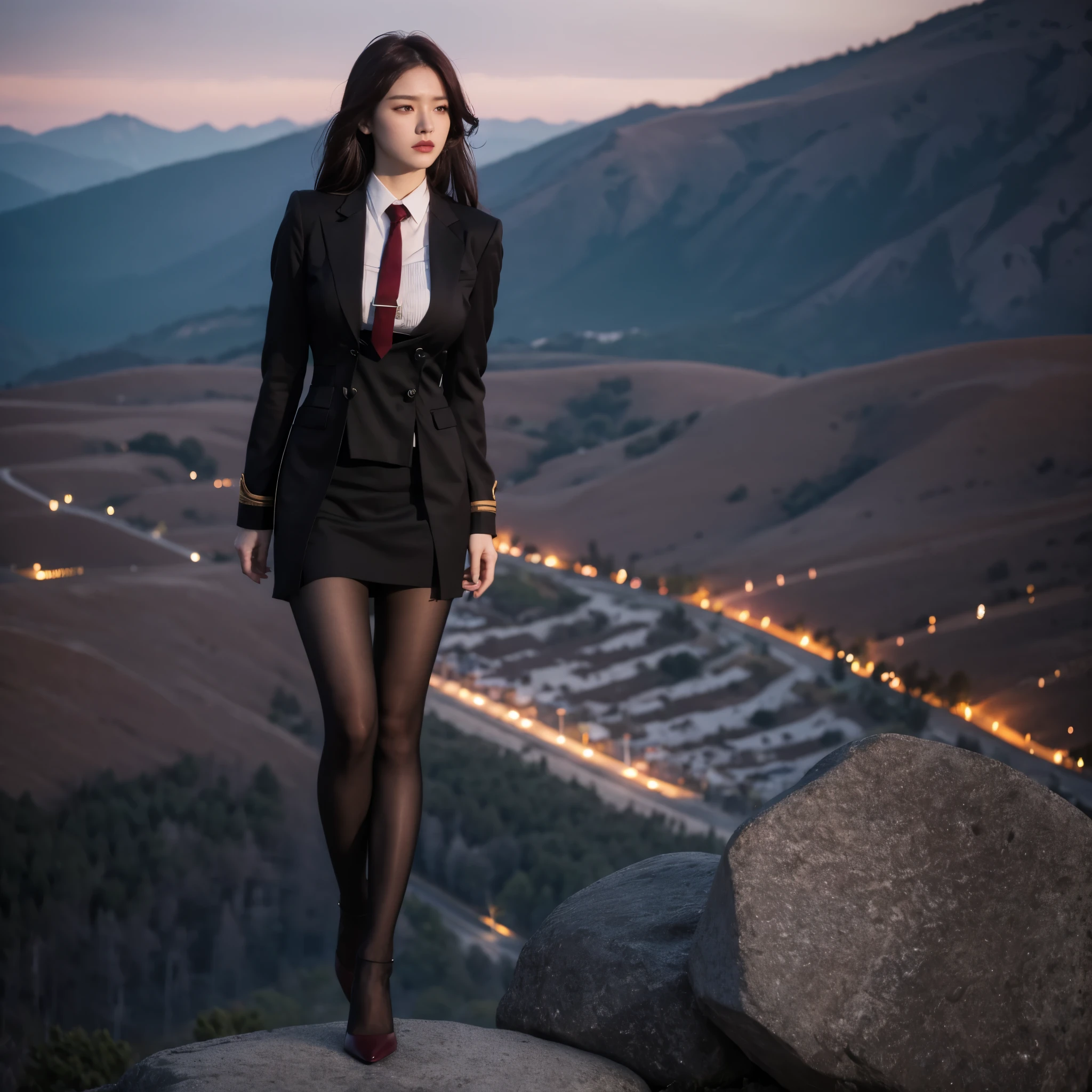 a woman wearing a black suit, burgundy tie, white t-shirt inside the suit, short black skirt, brown tights, black heels, long burgundy hair, burgundy eyes, standing on a high point of a rocky mountain, overlooking a city , serious face, big breasts, full body, flower, HDR, ultra resolution, clear, masterpiece, 8K HD
