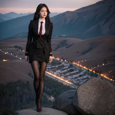 a woman wearing a black suit, burgundy tie, white t-shirt inside the suit, short black skirt, brown tights, black heels, long bu...