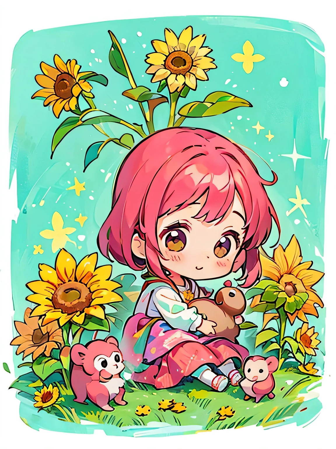 Momoko Sakura style, Kawaii Design, The most beautiful girl of all time、Chibi、playing monkey, sunflower