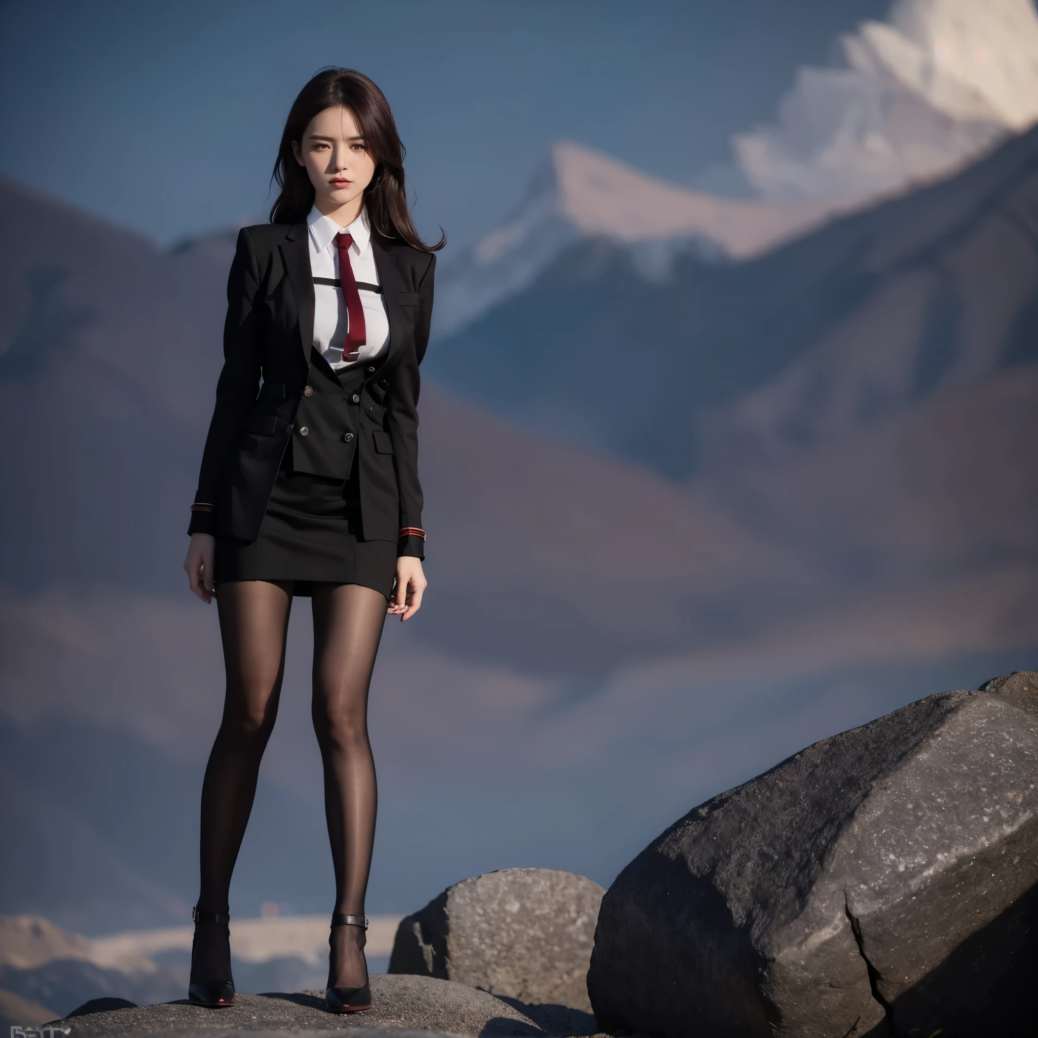 a woman wearing a black suit, burgundy tie, white t-shirt inside the suit, short black skirt, brown tights, black heels, long burgundy hair, burgundy eyes, standing on a high point of a rocky mountain, overlooking a city , serious face, big breasts, full body, flower, HDR, ultra resolution, clear, masterpiece, 8K HD
