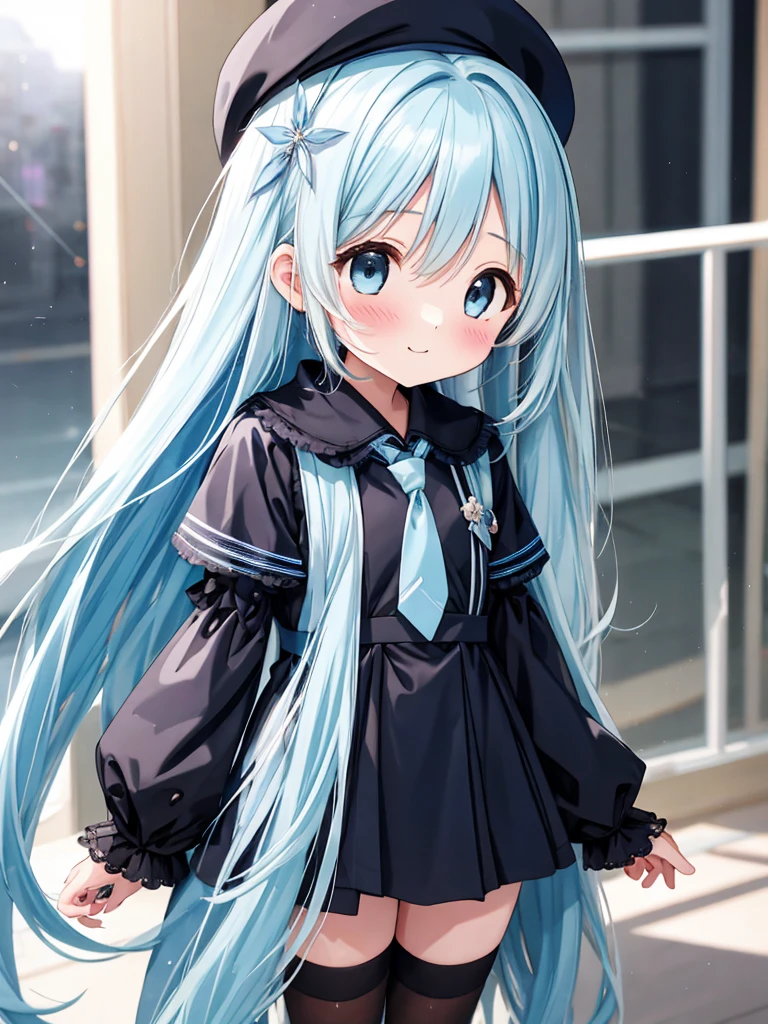 masterpiece, best quality, extremely detailed, (illustration, official art:1.1), 1 girl ,(((( light blue long hair)))), light blue hair, ,10 years old, long hair ((blush)) , cute face, big eyes, masterpiece, best quality,(((((a very delicate and beautiful girl))))),Amazing,beautiful detailed eyes,blunt bangs((((little delicate girl)))),tareme(true beautiful:1.2), young girl、masterpiece, best quality, extremely detailed,watercolor ,kawaii,,1 girl,,blush,smile, black nurse, 1girl, solo, black nurse cap, black wear, ((black legwear, zettai ryouiki)), black elbow gloves, , ((black surgical mask, covered nose)), standing, ((surgery room)), sharp outline, short sleeves, best quality, masterpiece
、Light blue ribbon ties、Clothes are sheer、Hands in pockets、Bright eyes like sapphire,Fronllesse Blue, A small blue light was floating、fantastic eyes