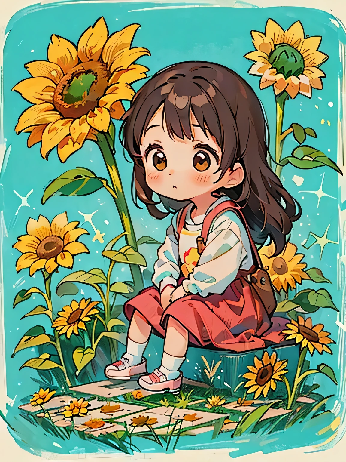 Momoko Sakura style, Kawaii Design, The most beautiful girl of all time、Chibi、playing monkey, sunflower