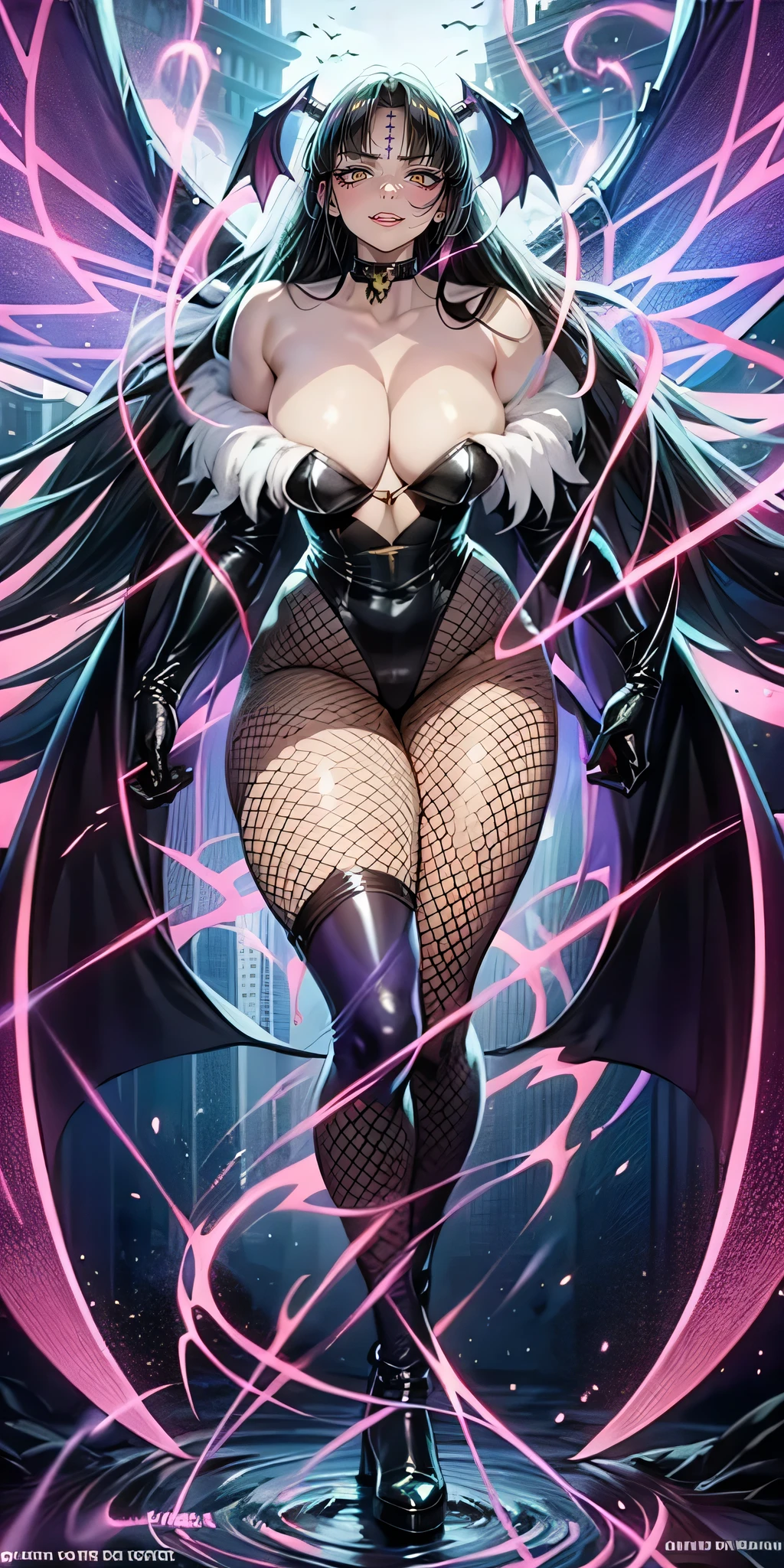 long hair, (black hair:1.3), forehead, forehead mark, anatomically correct, heavy breathing, huge breasts, breast press, morrigan_aensland, head_wings, print_legwear, pantyhose, animal_print, bat_print, breasts, 1girl, wings, succubus, long_hair, demon_girl, bare_shoulders, low_wings, leotard, solo, cleavage, bat_wings, purple_legwear, bridal_gauntlets, purple_wings,  large_breasts, boots, sfw version, forehead, forehead mark, (shaded face:1.2), hollow eyes, grey eyes, looking at viewer, heavy breathing, smirk, upper teeth, lips, pinkbra,michiko_tanaka_mahoushoujoniakogarete,michiko tanaka