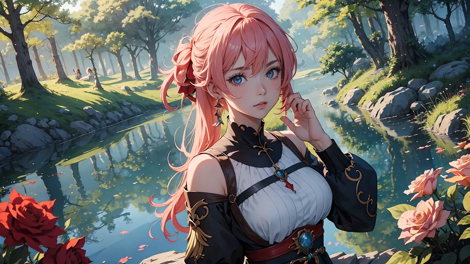 Arte de anime Genshin Impact: retrato realista de uma jovem guerreira europeia de 18 anos, with an enigmatic and enchanting aura. Seus olhos claros, bochechas pontudas, square chin and tattoo of red roses on shoulders and forearms complement her presence. in a dynamic pose, she flirts with the camera. The detailed background in 8K HDR in a magical medieval setting, com estilo de arte de anime Studio Ghibli. Professional 16K illustration captures your beauty with vibrant detail and playful expression, while the 8K HDR painting technique delivers rich, natural colors. Uma obra-prima que combina perfeitamente realismo e encanto misterioso.
