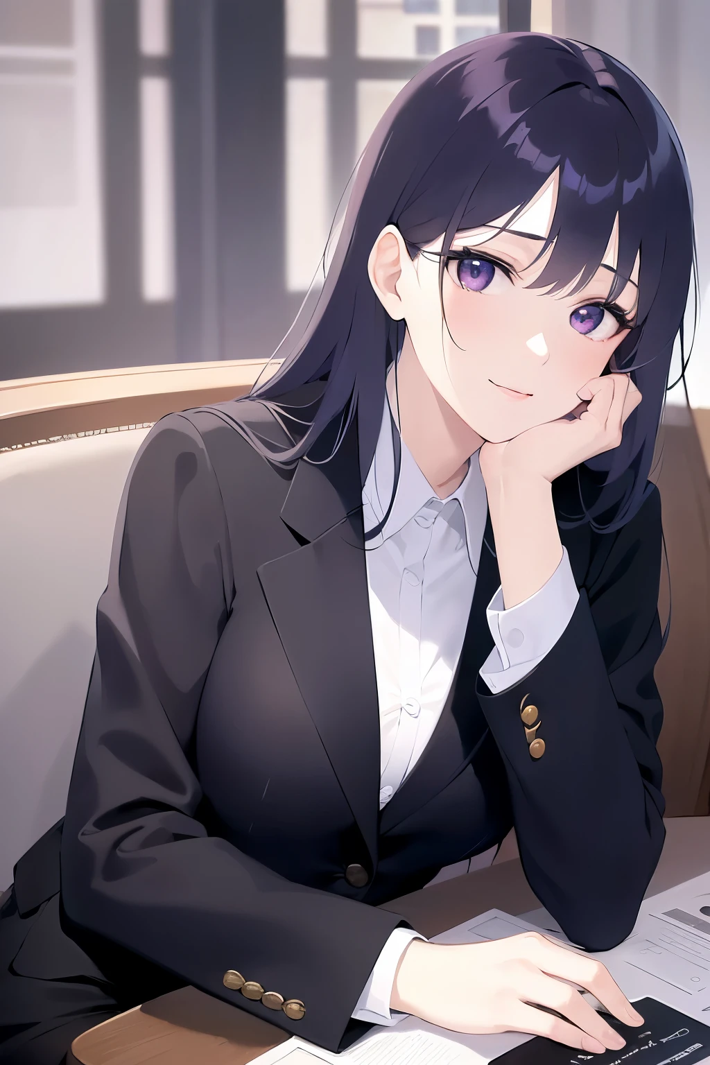 Placing hand on face、Biologically correct five fingers、Real person, (Pale skin: 1.2), RAW Photos, Realistic, Portrait Photography, Shiny skin, Shiny Hair、(A 25-year-old woman with straight hair and bangs) and (medium hair) and (black hair) and (purple eyes) , (business suit:1.5), smile, tears, hotel、Sitting in a chair
