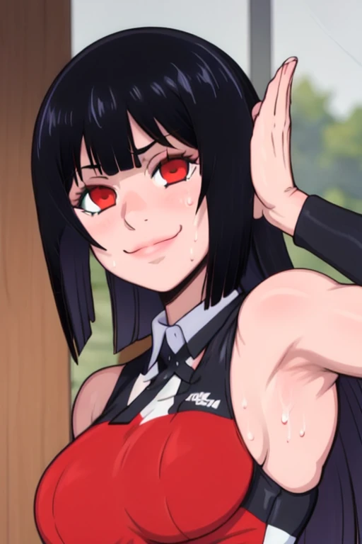 masterpiece, best quality, yumeko jabami, looking at viewer, black hair, red eyes color, large breasts, upper body, portrait, looking at viewer, seductive smile,both hands raised, armpits, armpits visible, sweaty armpits, wearing white volleyball uniform,