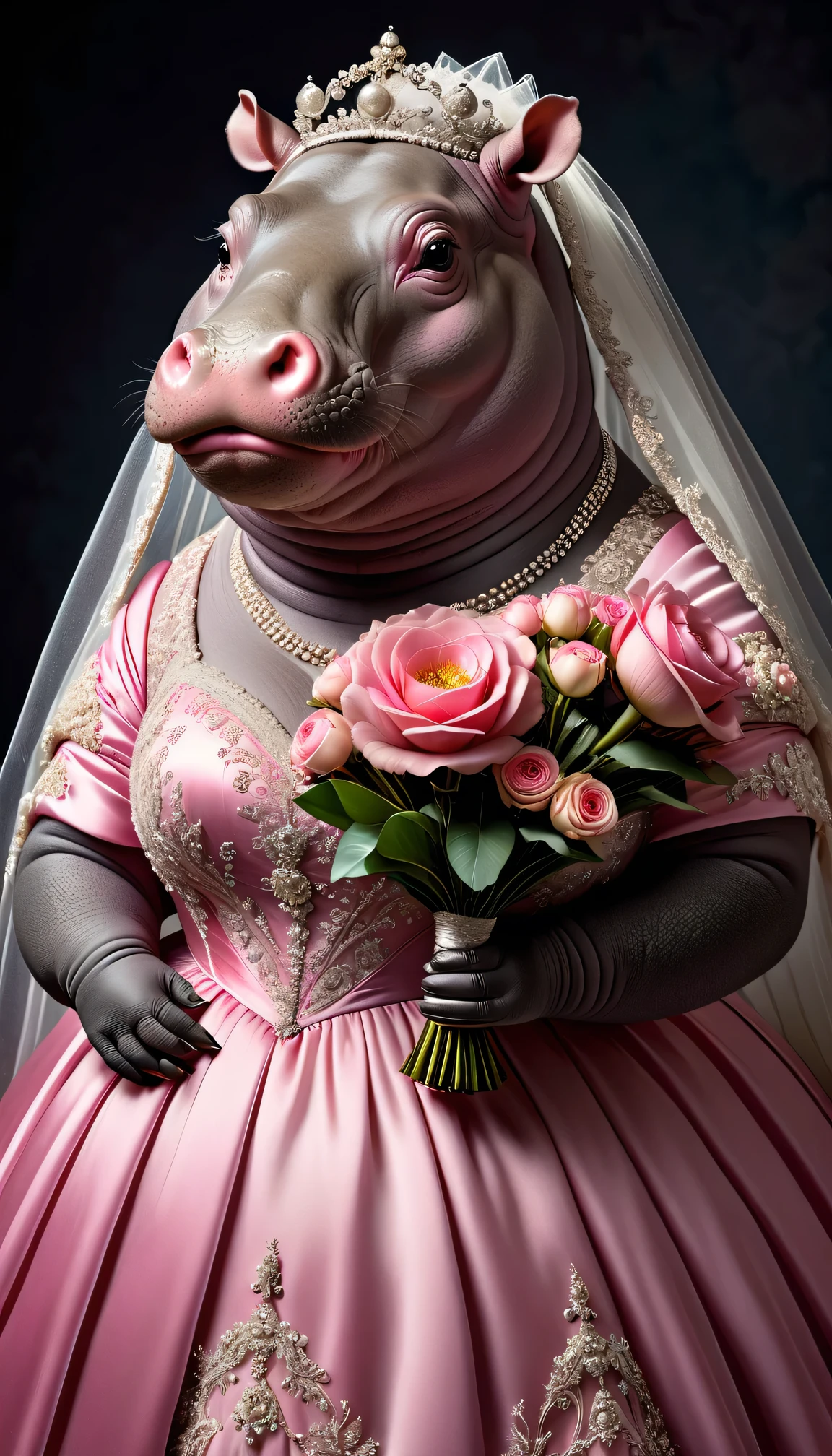 photorealistic portrait of Dressed animals - a ((fat)) hippo bride,(elegant pose),(closed mouth),(furry), high quality,(lovely) ,intricate details, highly detailed (gothic pink wedding dress)),wearing opera globes ,wearing highly detailed veil, highly detailed decorations ,holding flower bouquet, (happy), studio lighting,()