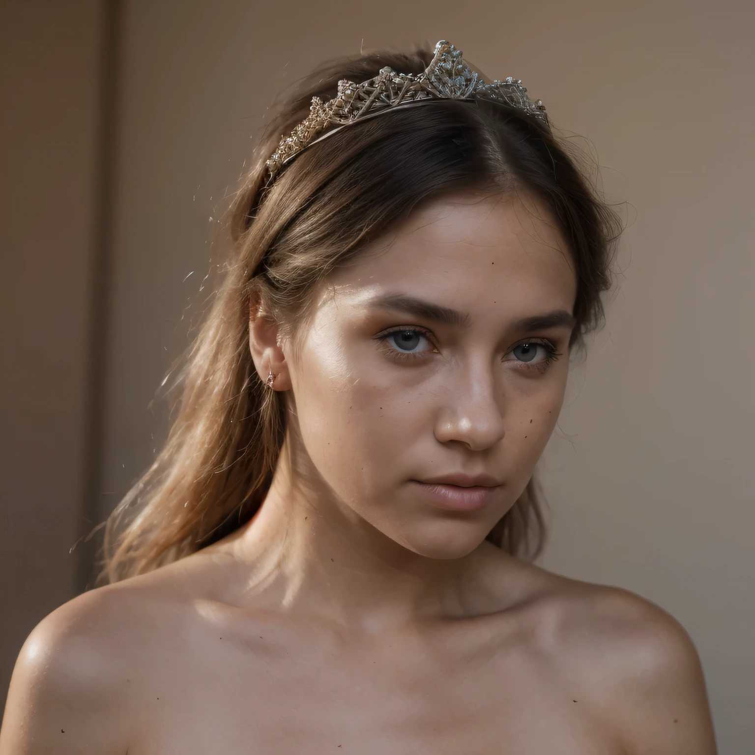 photo of a college student, in Desert Color Coarse Linen Pink,Desert Color Coarse Linen, (freckles:0.8) cute face, sci-fi, dystopian, detailed eyes, Heterochromia eyes（（Side view））（Lunar soil）((a beautiful fantasy empress))