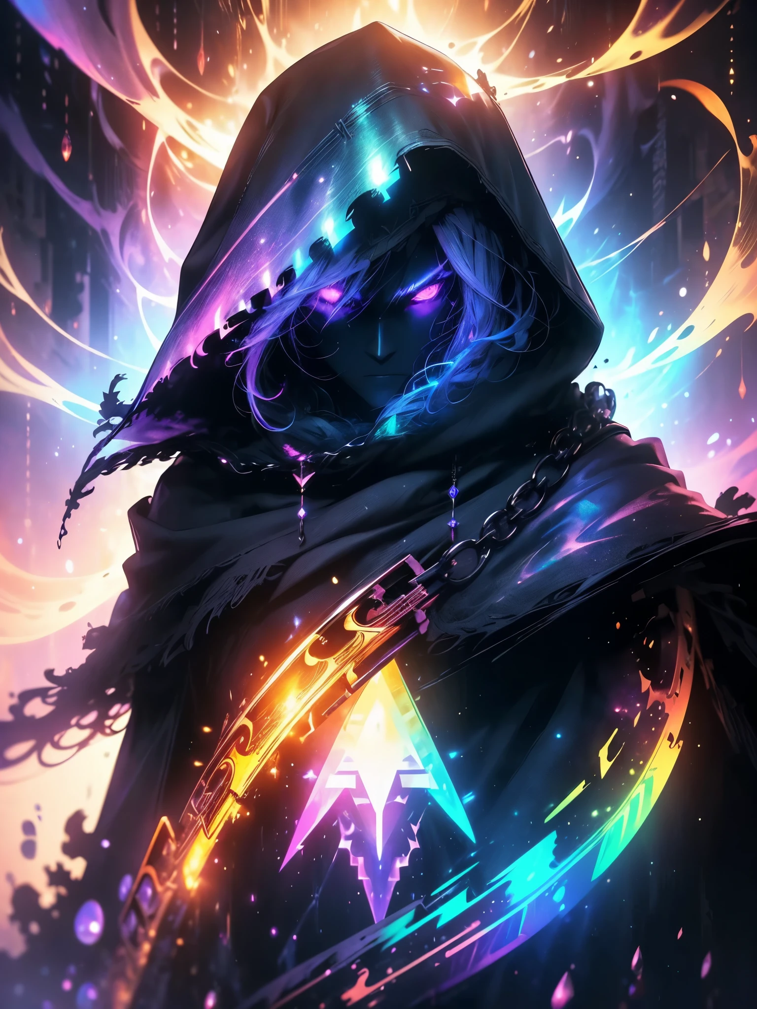 An obscure Dark wizard, his eyes glow purple like neon, his face is covered where only the eyes appear, beams and beams of lightning across the sky, Robes of a boss wizard, epic wizard, {CG unit wallpaper of 16k extremely detailed}, expansive landscape photography, (a low view focusing on the character and setting), (wide open field view), (low angle shot), (high light: 1.2), (low light: 1.5), (warm light source: 1.2), intricate details, (iridescent colors: 1.5), (bright lighting), (atmospheric lighting), dreamy, unique,