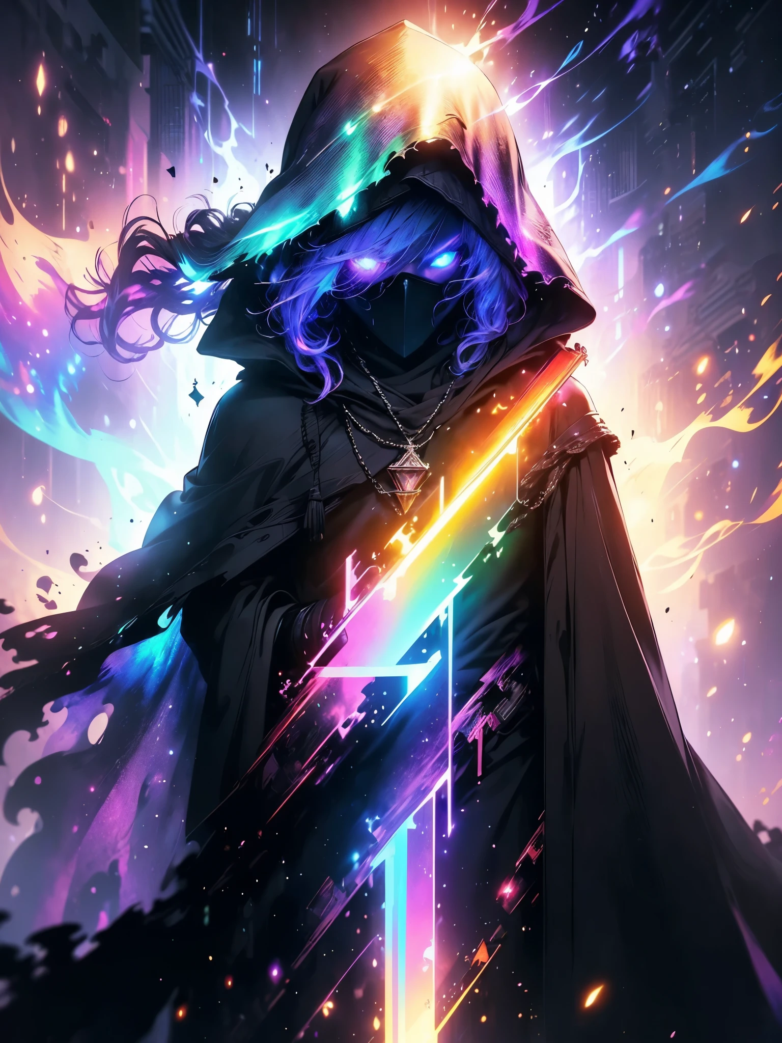 An obscure Dark wizard, his eyes glow purple like neon, his face is covered where only the eyes appear, beams and beams of lightning across the sky, Robes of a boss wizard, epic wizard, {CG unit wallpaper of 16k extremely detailed}, expansive landscape photography, (a low view focusing on the character and setting), (wide open field view), (low angle shot), (high light: 1.2), (low light: 1.5), (warm light source: 1.2), intricate details, (iridescent colors: 1.5), (bright lighting), (atmospheric lighting), dreamy, unique,