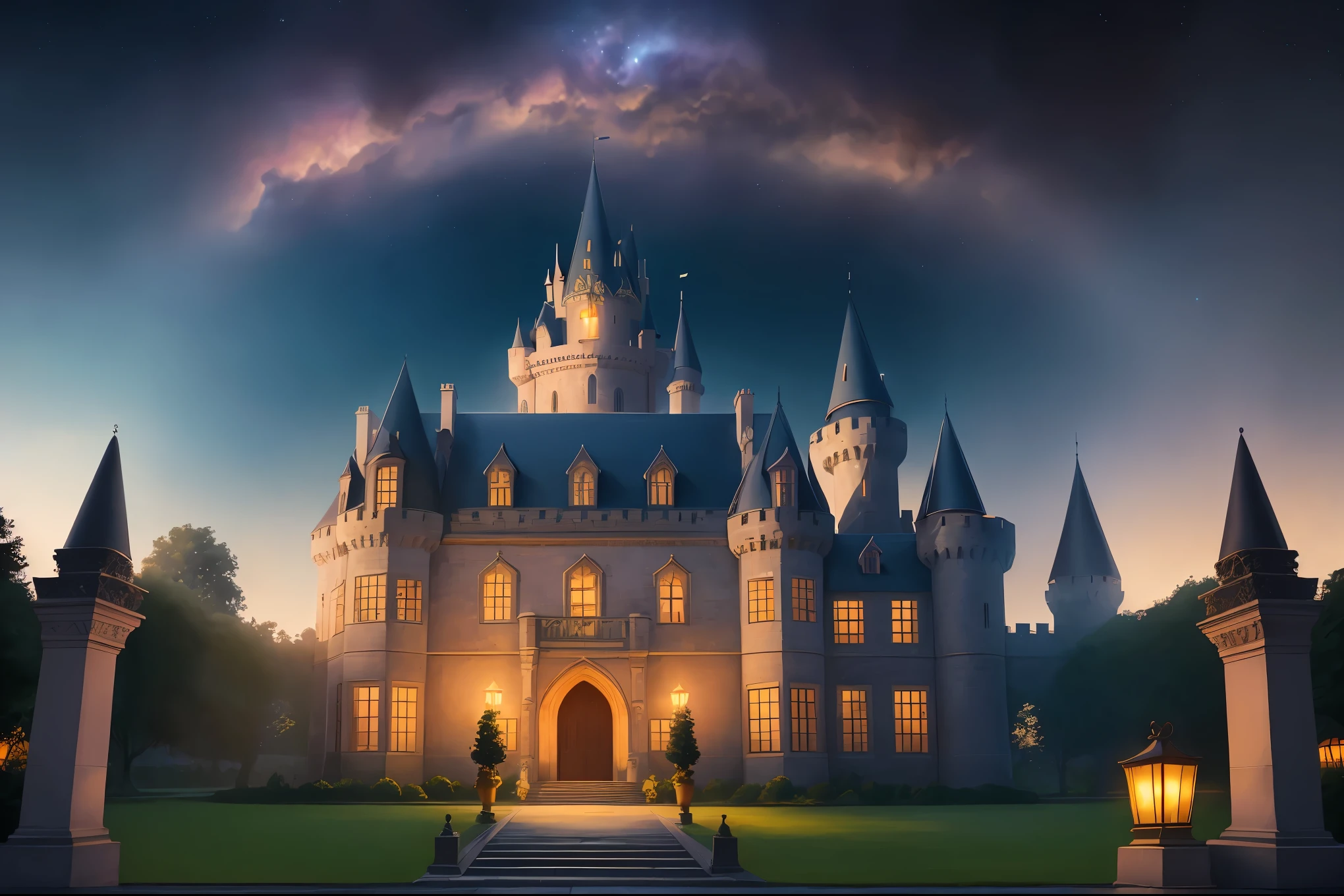 A majestic castle in a dreamy setting with a starry night sky, illuminated by the glow of castle lights, creating a mysterious and magical atmosphere. The scene is reminiscent of a fairy-tale world, with an aura of ancient legends. The artwork is created using detailed illustrations, delivering ultra-high-quality, realistic imagery. The color palette is vibrant, with vivid colors that enhance the enchanting and fantastical vibe of the scene. The lighting is carefully crafted to highlight the castle's grandeur and the mystical essence of the surroundings.