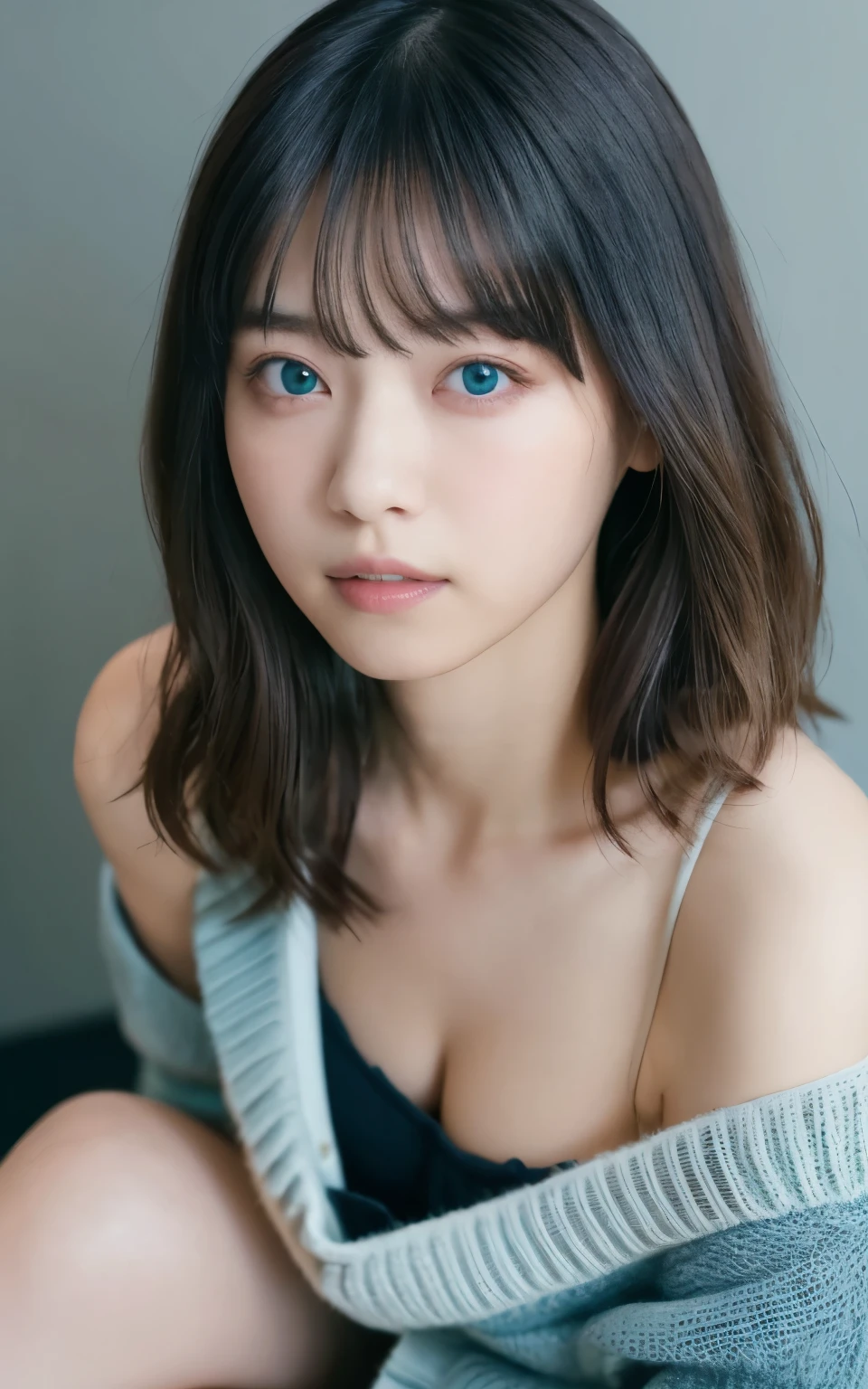 masterpiece, highest quality, 8k, 20th Generation, Large Breasts, cute, alone, sad, cute, Girlish, Delicate girl, Pure beauty, RAW Photos, Professional photography, Portraiture, Soft Light, Professional Lighting, Backlight, Head to Knee, avert your eyes, Sophisticated, Film Grain, (Eyes and facial details:1.0), Short floating hair, Beautiful, flowing hair, bangs, (Loose cardigan(Dark blue))、(Large Breasts:1.0)、You can see a little cleavage、Micro Mini Skirt、Voluptuous thighs、Dolly Makeup、Odd Eye、The color of the eyes is different on each side、One green eye、The other has blue eyes