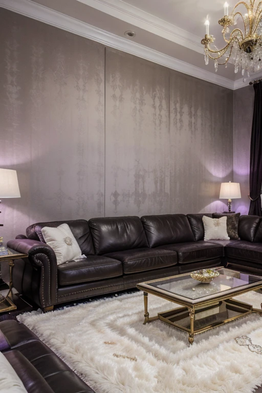 ((best quality)), ((masterpiece)), (detailed), UHD, ultra high resolution, photo realistic 1.4. A large futuristic luxury livingroom, decorated in purple and white. Large solid color shaggy purple rug in front of black couch. Sectional black couch. Chandelier.