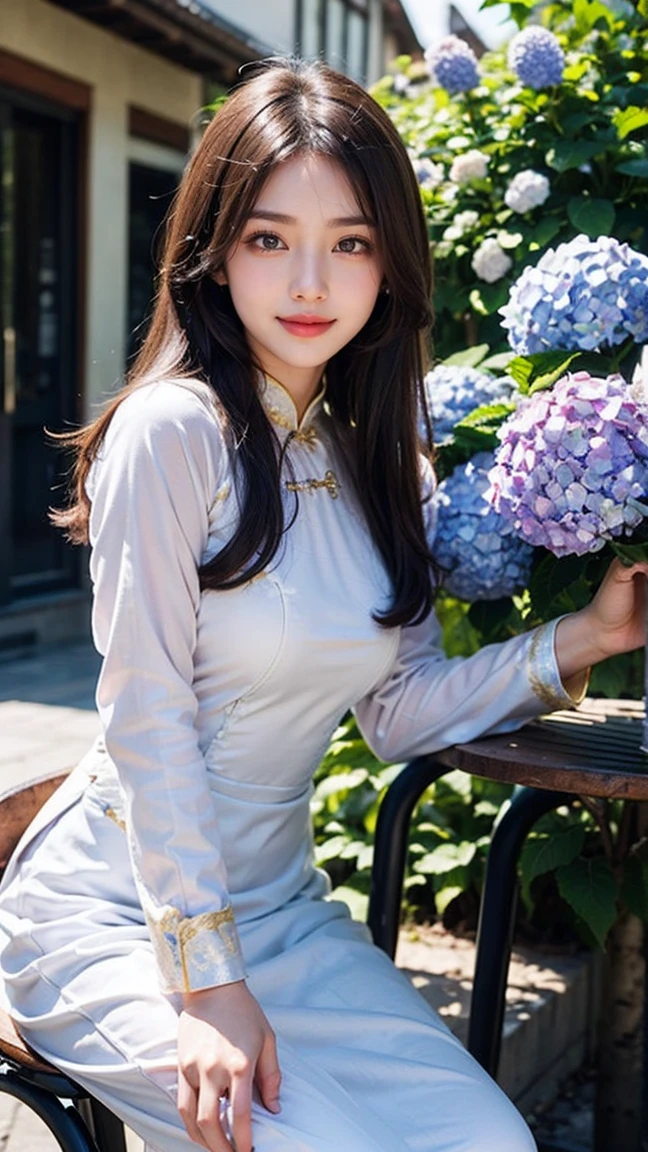 Top-quality Realistic,Official art,Highly detailed CG Unity 8k wallpaper,ultra-detailliert,hight resolution,Physically-based rendering,Magnificat,finely detail,masterpiece,Best Quality,ultra detailed,Mature beauty,Beautiful women,1girl,moist lips,sexy lips,Sexy smile,Gentle smile, 20 years old, Beautiful bare skin,Smooth bare skin, big well-shaped breasts, beautiful cleavage,beautiful Mature body,swept bangs,(Medium hair:1.3), beautiful detailed eyes,model shoot style,Japanese Idol,Full-body,((Hydrangea blooming on the slope behind the alley )),BREAK, ((Ao dai:1.3)),(vietnamese national costume),Sitting model pose,Delicately expressed eyes,cute smile,shoot from below,(sitting on a chair on the cafe terrace), (Cafe terrace surrounded by lots of hydrangeas),A lot of hydrangea are blooming,model pose,((Extreme close-up)),