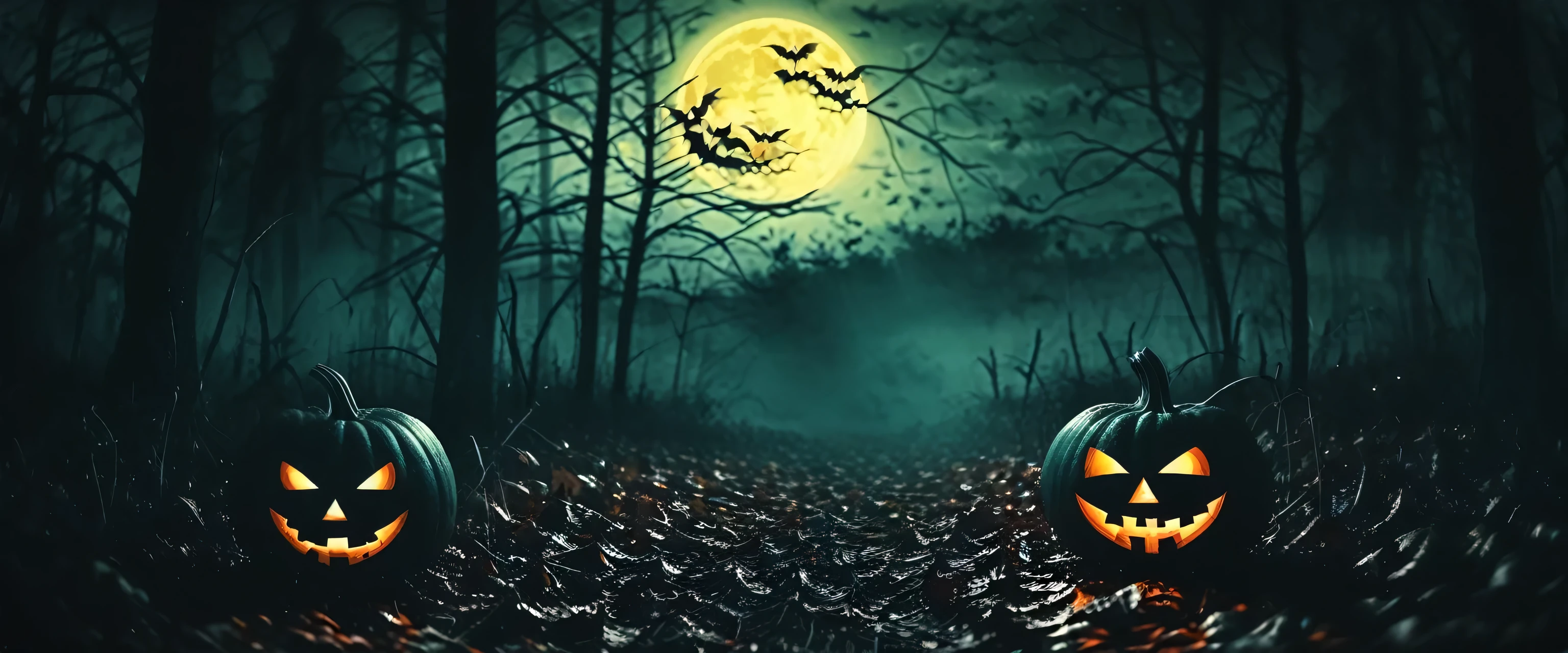 Halloween pumpkins in the forest at night.Halloween background with Evil Pumpkin. Spooky scary dark Night forrest. Holiday event halloween banner background concept