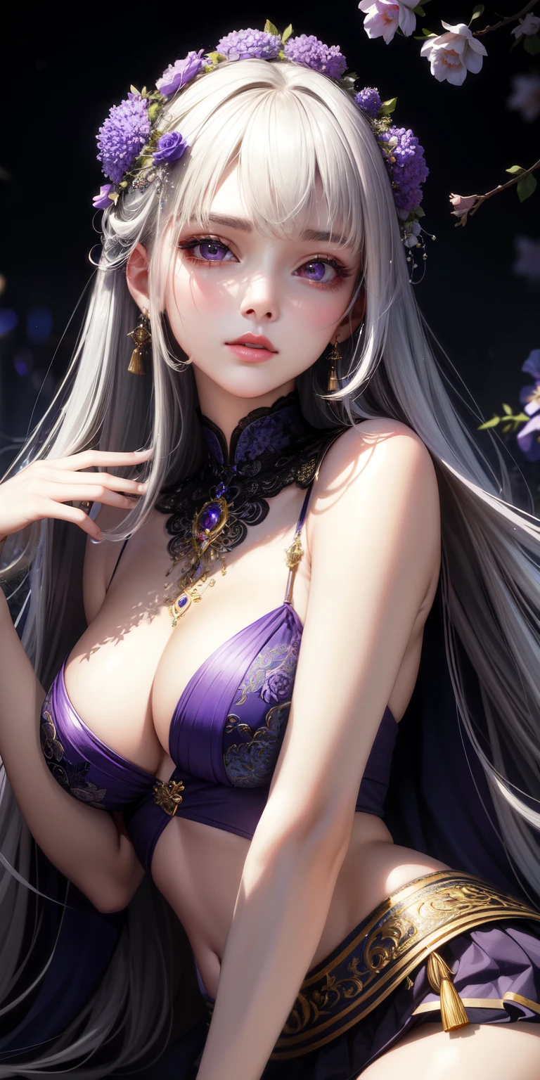 (best quality,highres),ultra-detailed,realistic,portrait,beautiful detailed eyes,beautiful detailed lips,extremely detailed eyes and face,longeyelashes,soft skin,subtle makeup,ethereal,whispy hair,flowing hair,ethereal background,soft lighting,moonlight,mysterious,melancholic,gentle,aesthetic,purple flowers,
This is a high quality photorealistic portrait,There is a beautiful girl in the picture that is old and precious。She has white hair and purple eyes.,The eyes glow brightly。She was wearing a navel-baring top and a skirt,Lips slightly open,Red cheeks。The background of the picture is a night scene,There are purple flowers blooming around。The moonlight shines on her soft skin,Make her mysteriouelancholy、Gentle and beautiful。