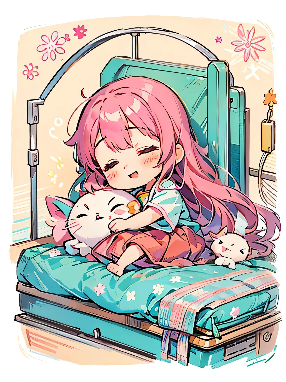 Momoko Sakura style, Kawaii Design, The most beautiful girl of all time、Chibi、best smile, sleeping, hospital bed