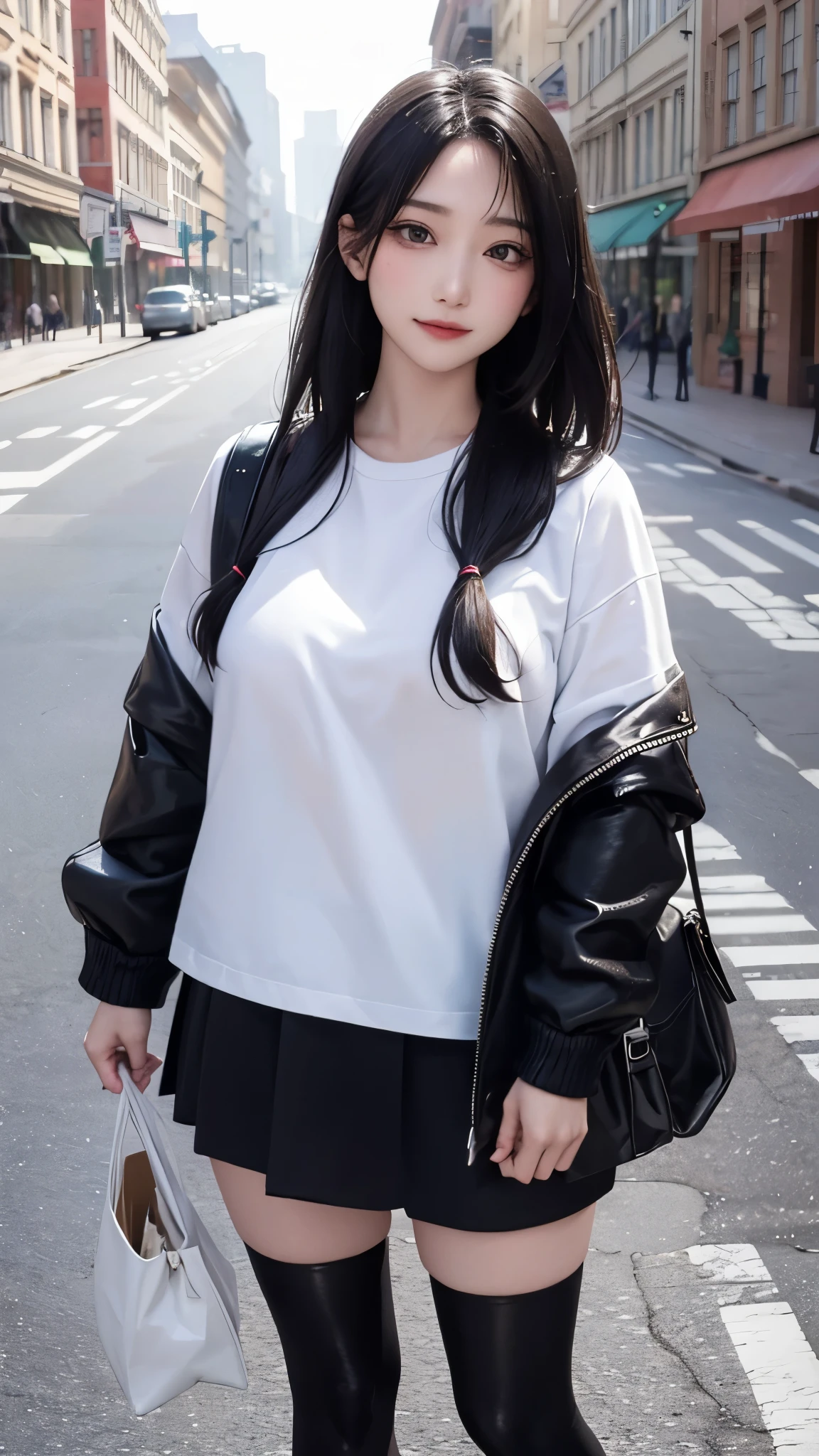 top-quality、supreme1People Girls,hightquality,A detailed face、A detailed eye、Detailed nose、Detailed mouth、 Beautiful expression, ((masuter piece)), ((High resolution)), ((Best Quality)), detail, (Excited face.Very happy,),(tshirts、parka、Tight mini skirt、Black stockings、long boots、One bag)、 girl with,Blue-haired, (Long straight hair)、Standing figure、fair white skin:1.3、、Big breasts, cinmatic lighting, perfectly shaded,(((In the street))), Realistic lighting with shades,Reflecting the whole body