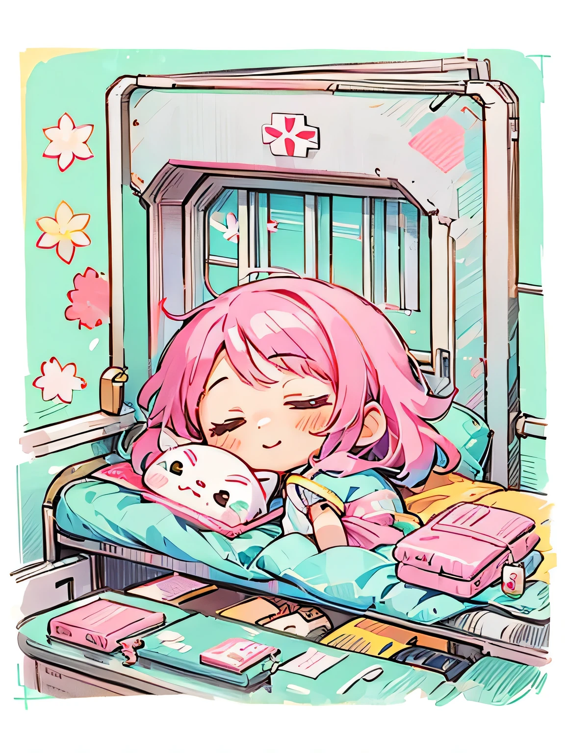 Momoko Sakura style, Kawaii Design, The most beautiful girl of all time、Chibi、best smile, sleeping, hospital bed