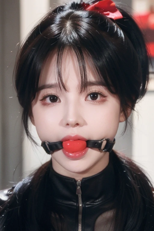 I, of_student, +_+, Black_hair, 高of_ponytail, Red_flower_hair_decoration, masterpiece, Best of quality, Super detailed, illustration, Unique, 1 girl,ball gagged