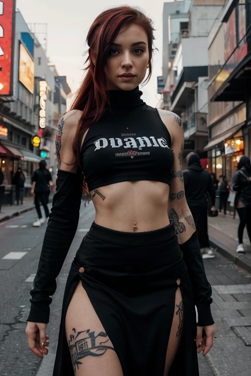 (1girl:1.2, body covered in words, words on body:1.1, tattoos of (words) on body:1.2), (masterpiece:1.4, best quality), medium breasts, edgNoire,upper body shot, female, woman wearing hijab and no sleeve t-shirts with logos, ((black long maxi-skirt)), cyberpunk scene, ((red hair)), ((black hair)), night street,